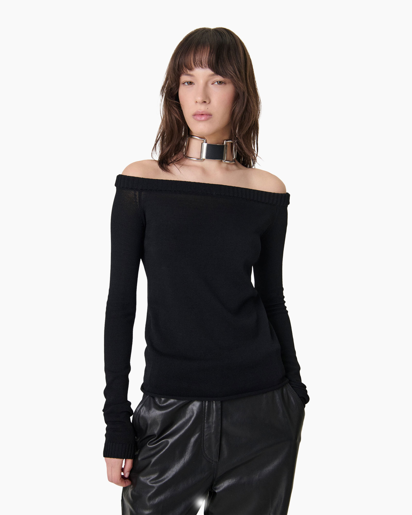 off-the-shoulder, 黑, long-sleeve, knit, collar