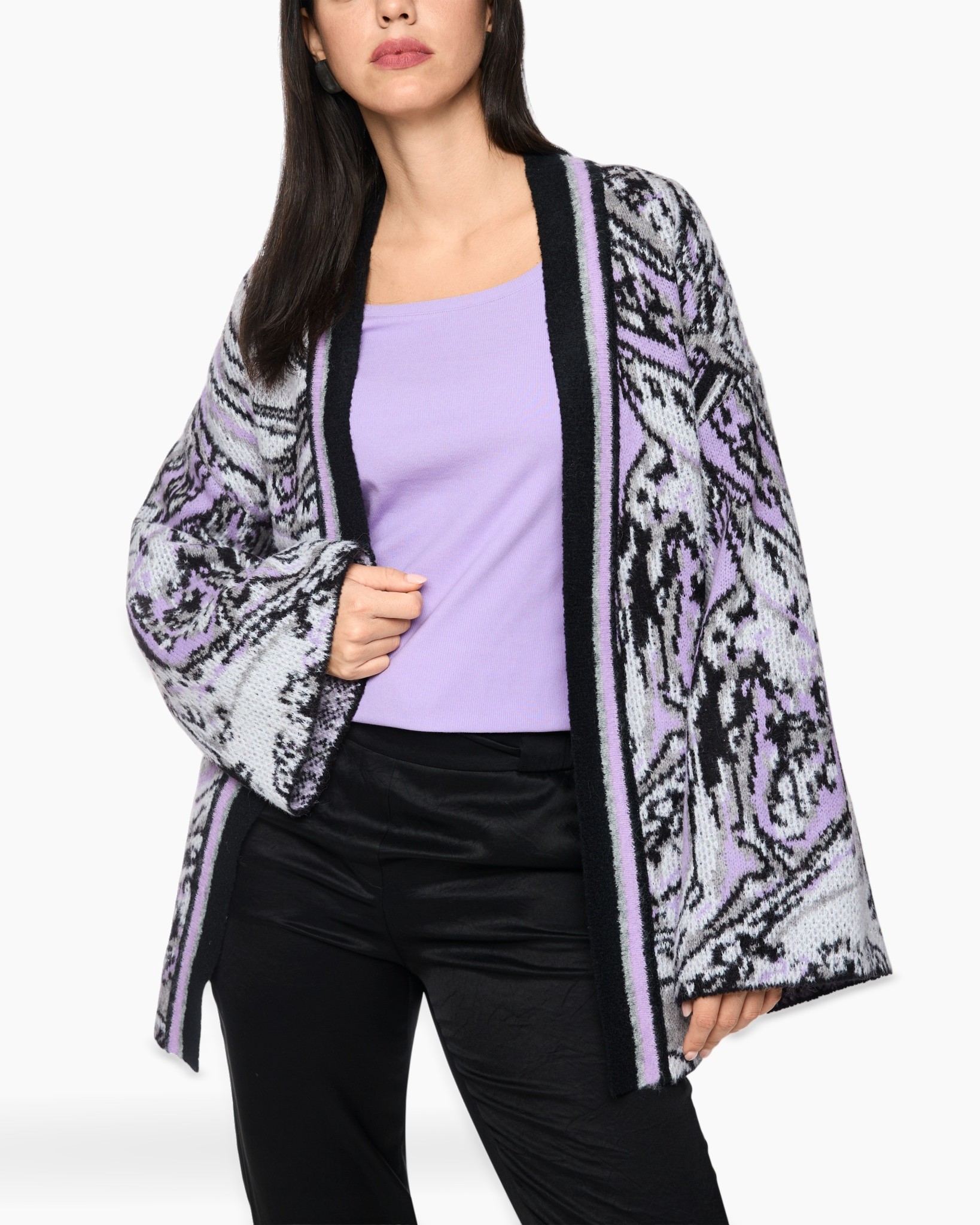 cardigan, kimono, knit, purple, pattern