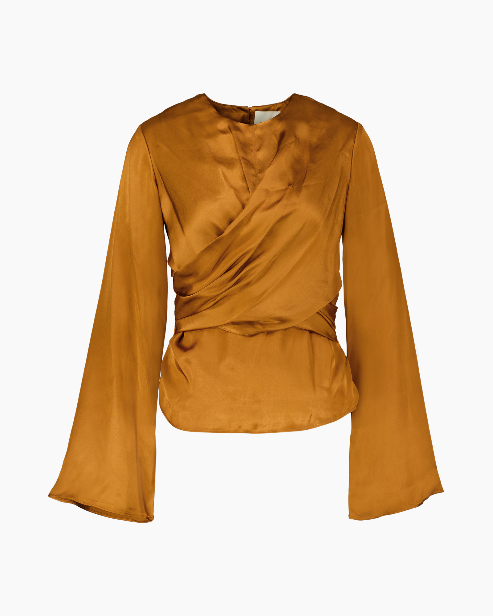 silk, blouse, wrap, long-sleeve, mustard