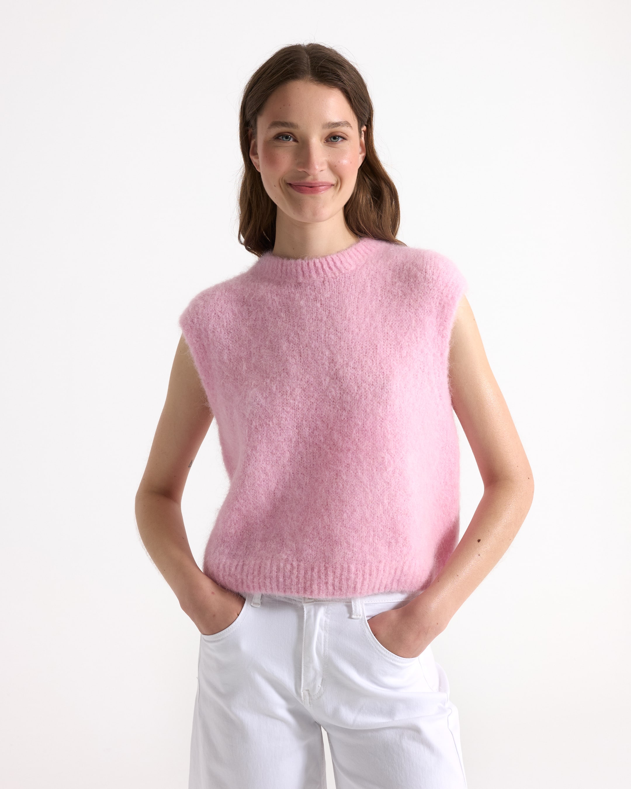 knit, sleeveless, pink, pullover, soft