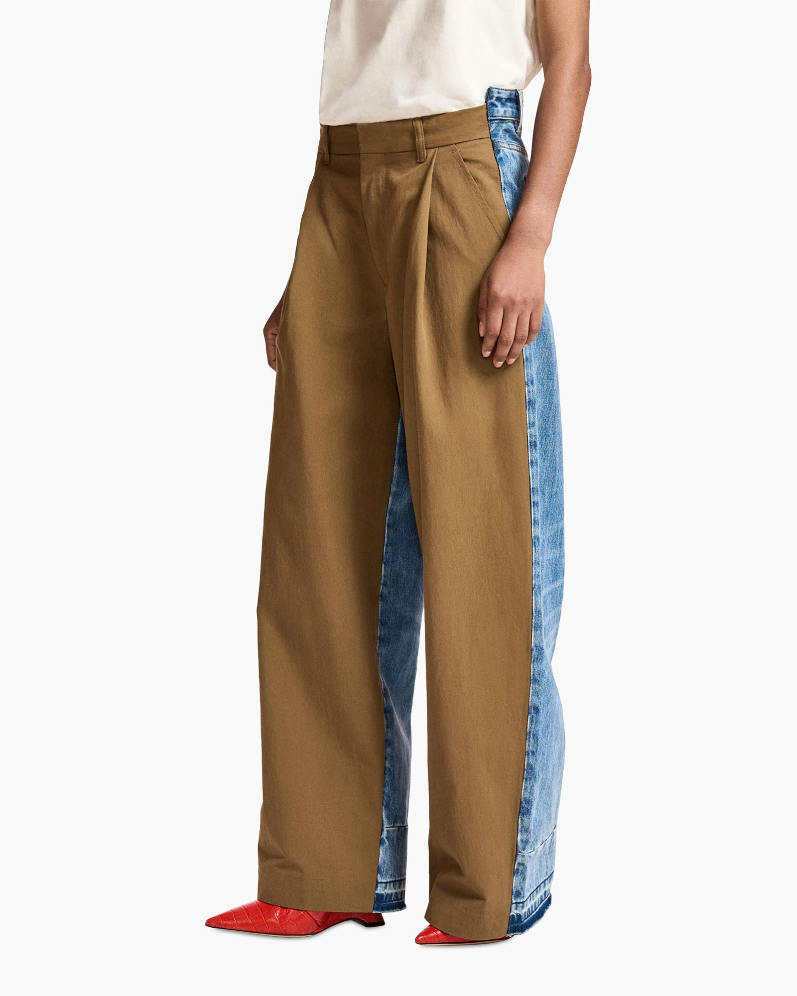 trousers, wide-leg, khaki, pleated, two-tone