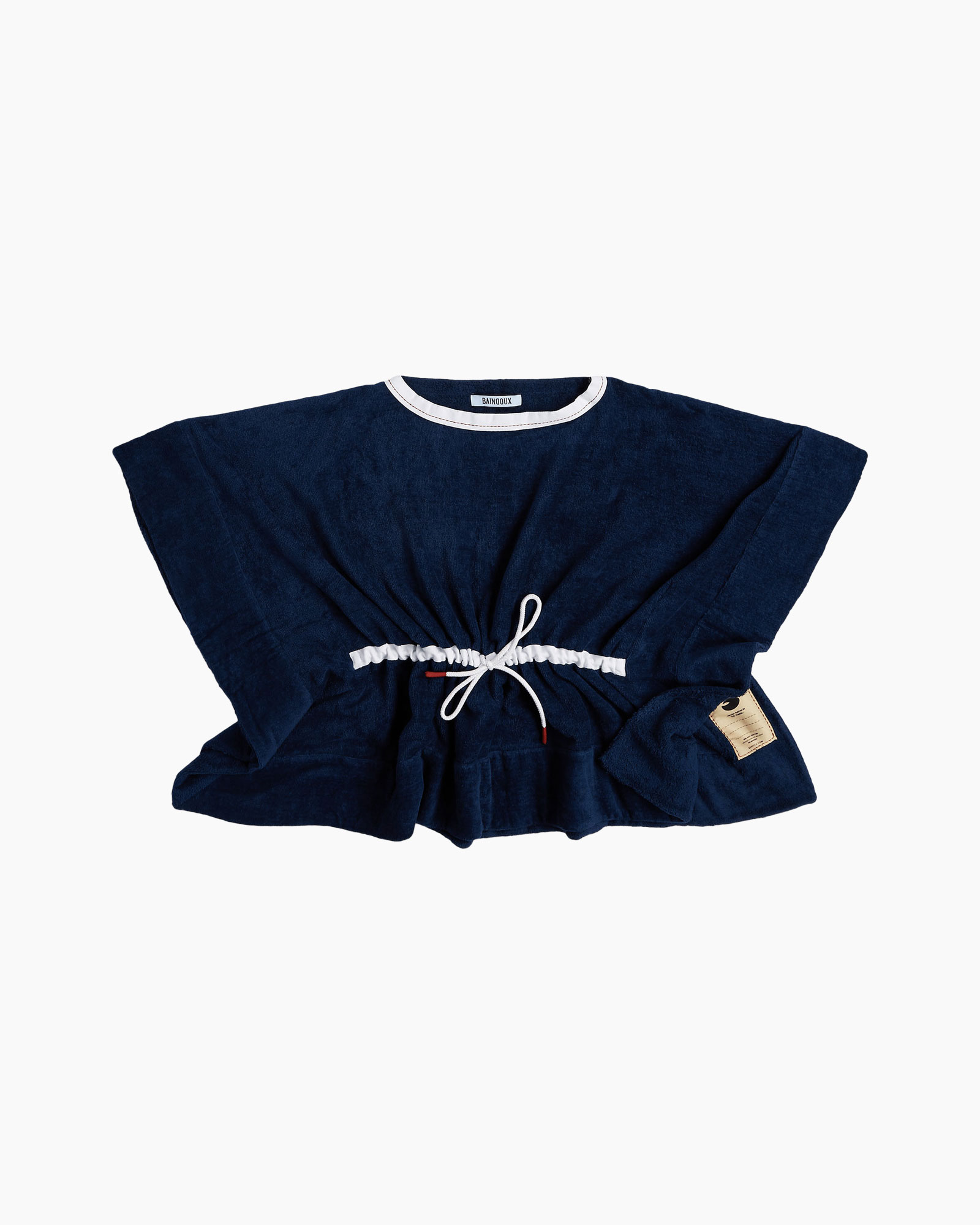 navy top, drawcord, short sleeves, loose fit, tunic blouse