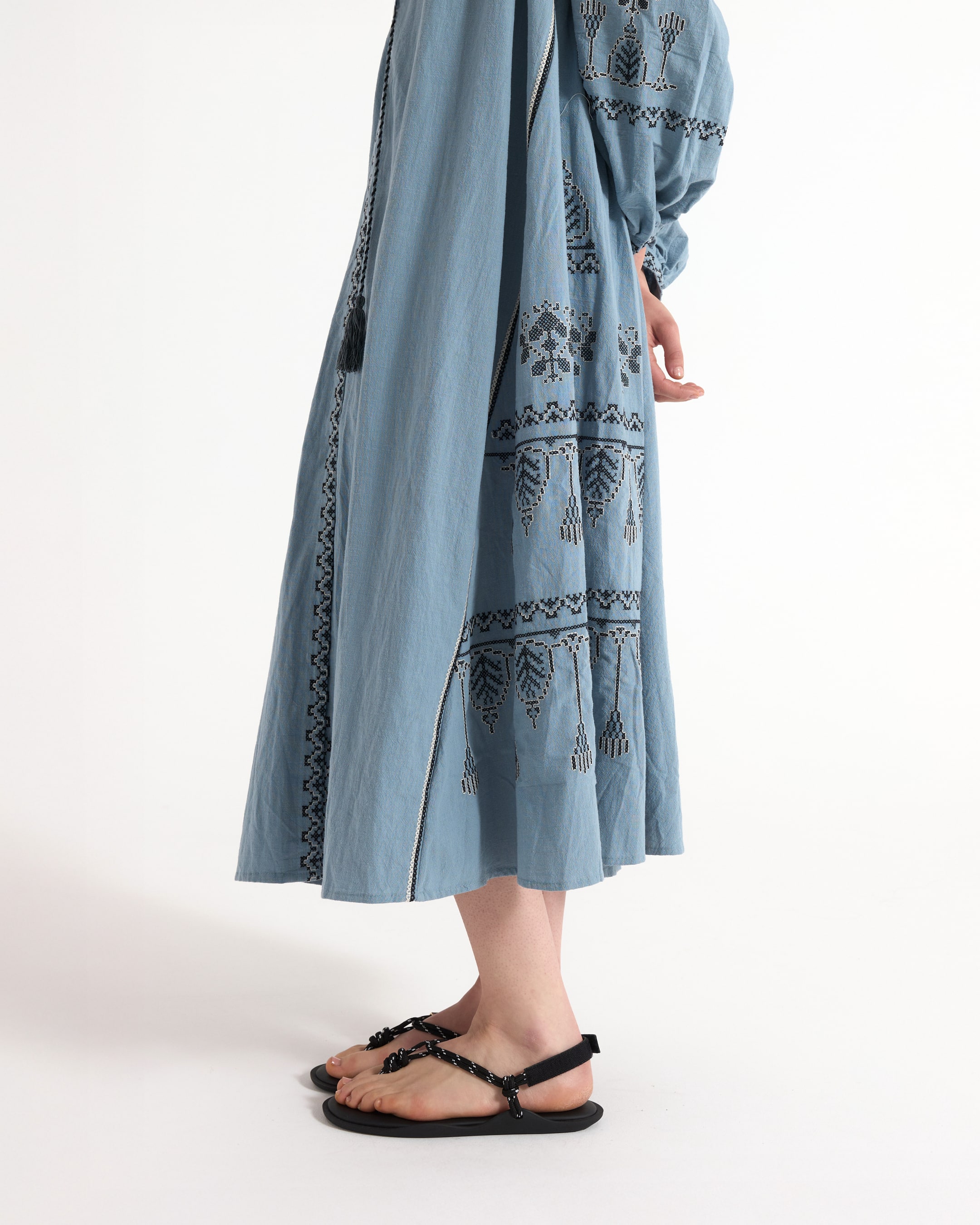 dress, embroidered, maxi, blue, ankle-length