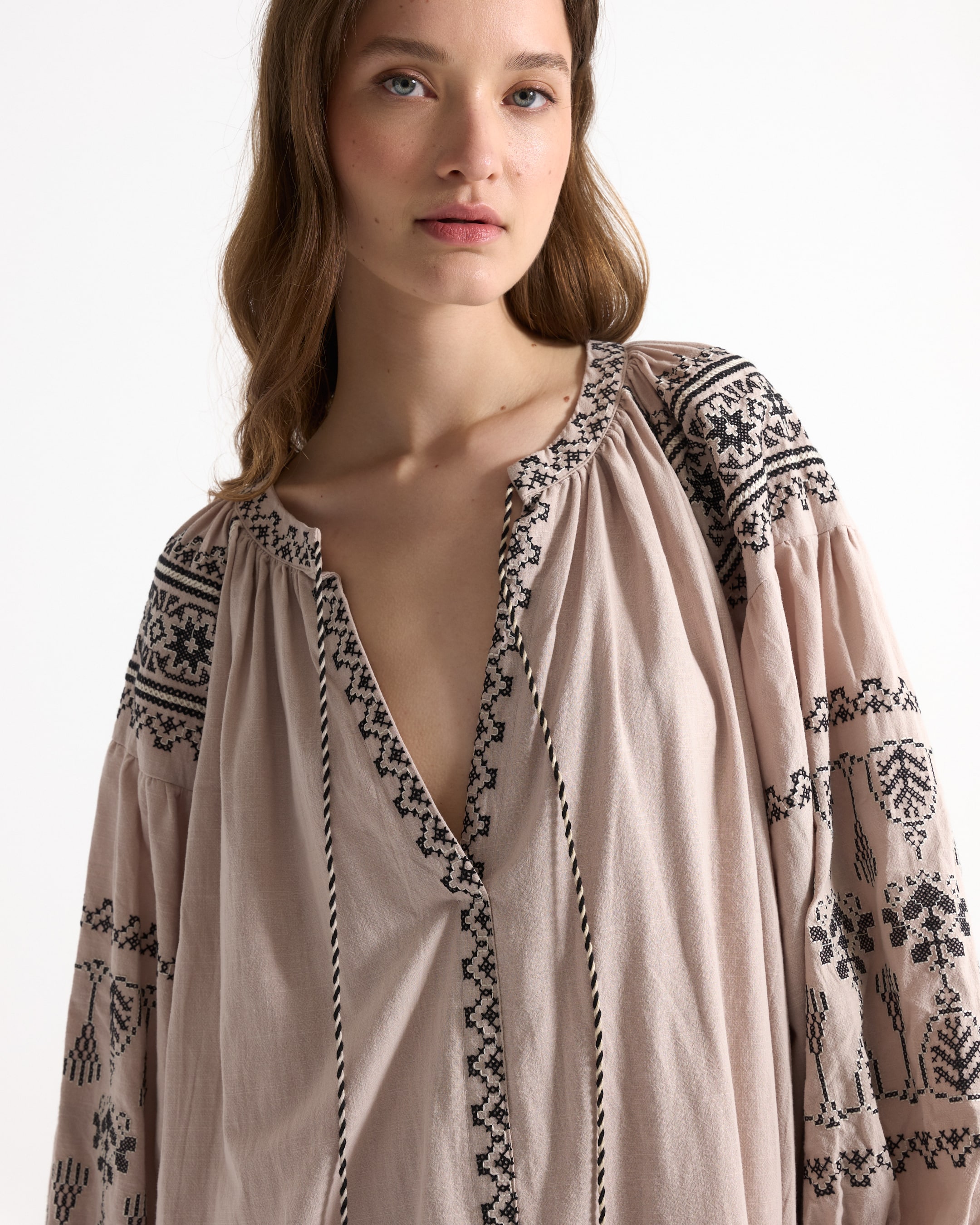 blouse, embroidery, boho, linen, beige