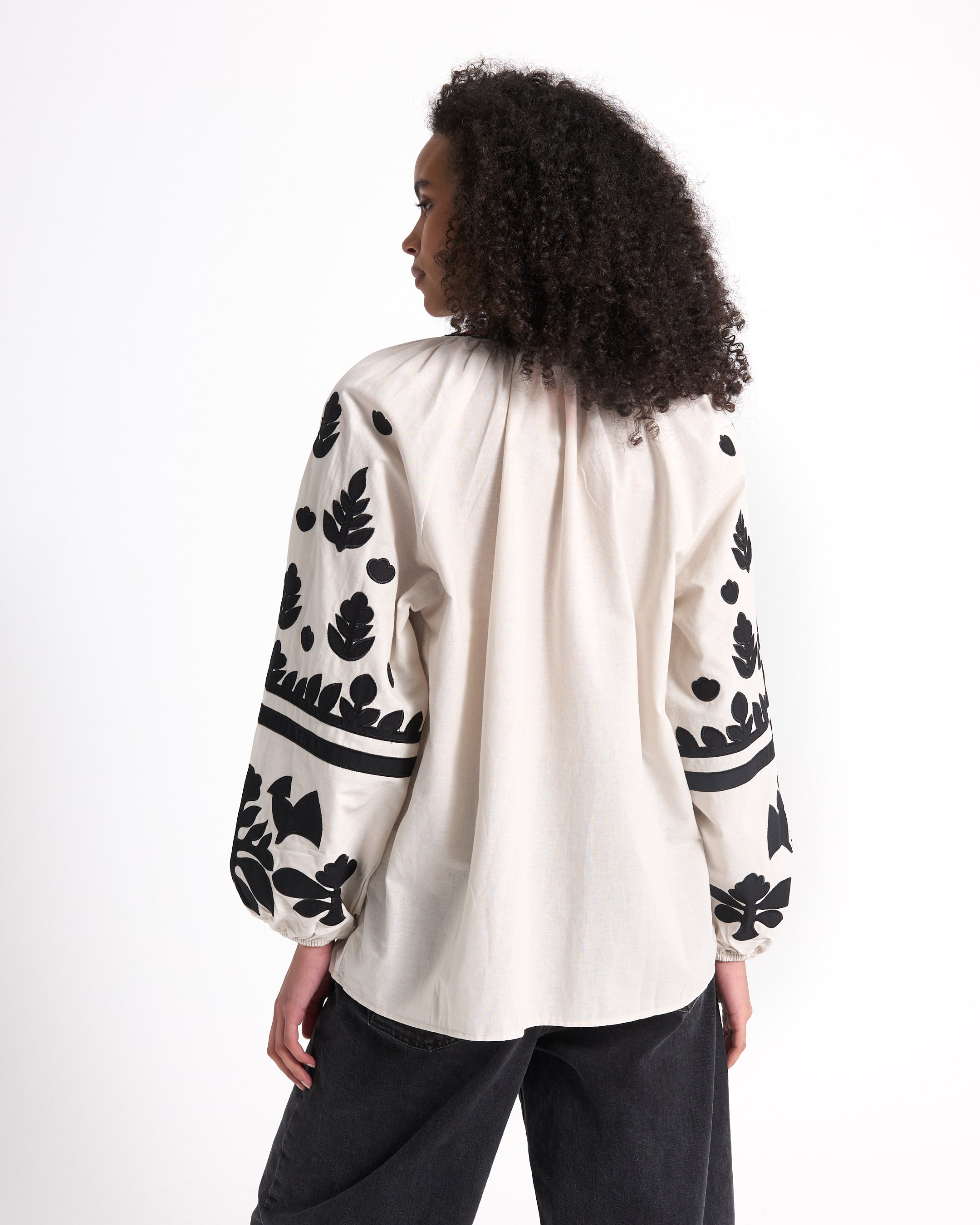 blouse, embroidery, long-sleeve, beige, black-pattern
