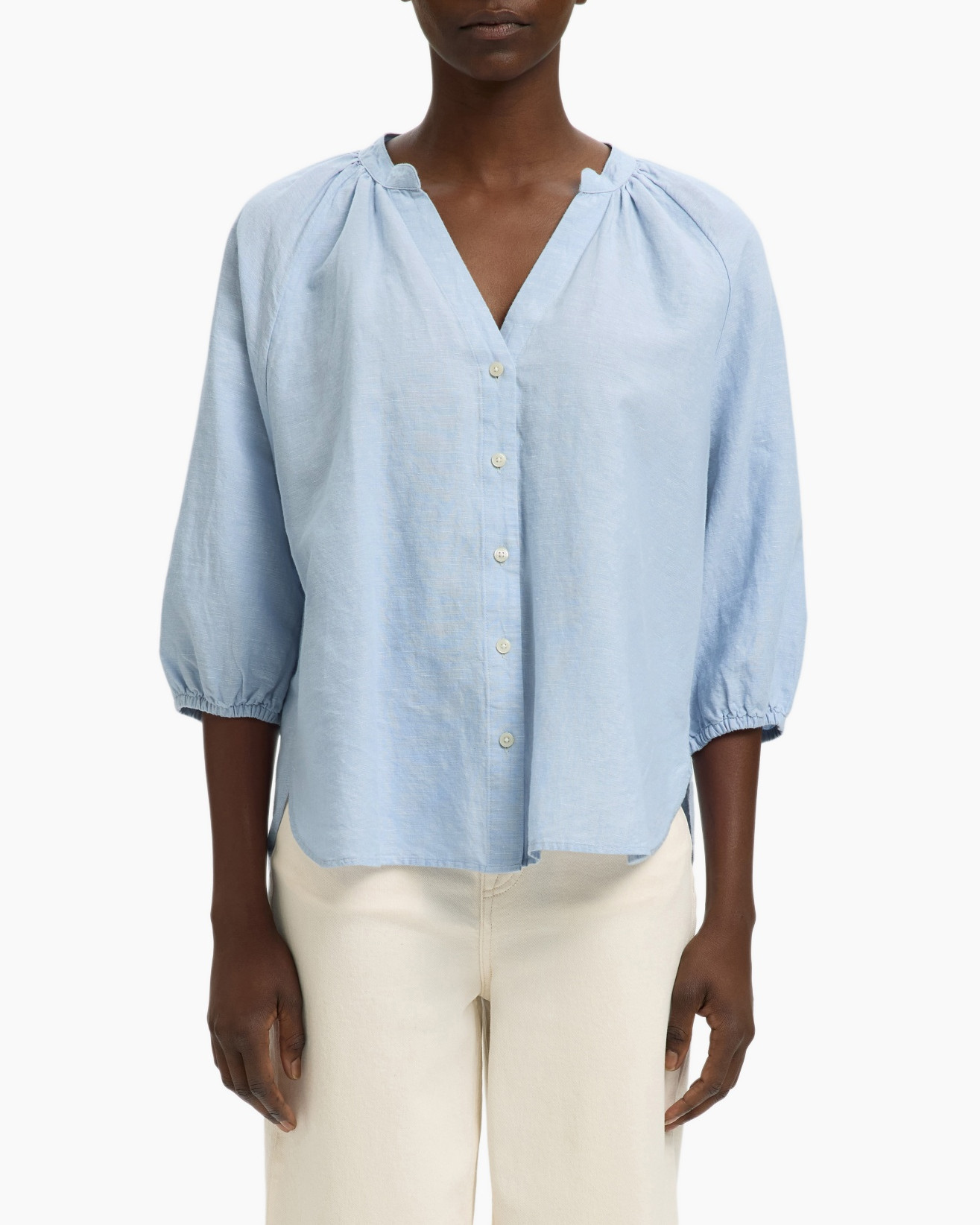 Blouse, Linen, Shirt, Man, Person, light blue shirt, button-front, blouse, puff sleeve, linen blend, blouse, linen, light_blue, buttoned, 3/4_sleeve