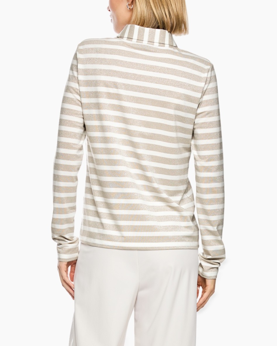 striped sweater, long sleeves, beige white, collar, knit top