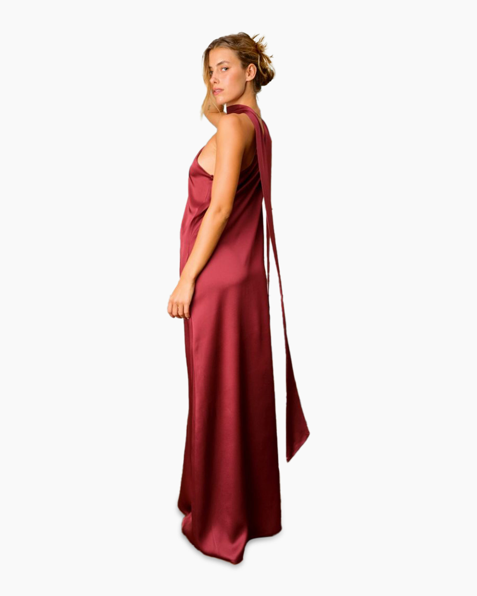 evening dress, satin, burgundy, back-tie, floor-length