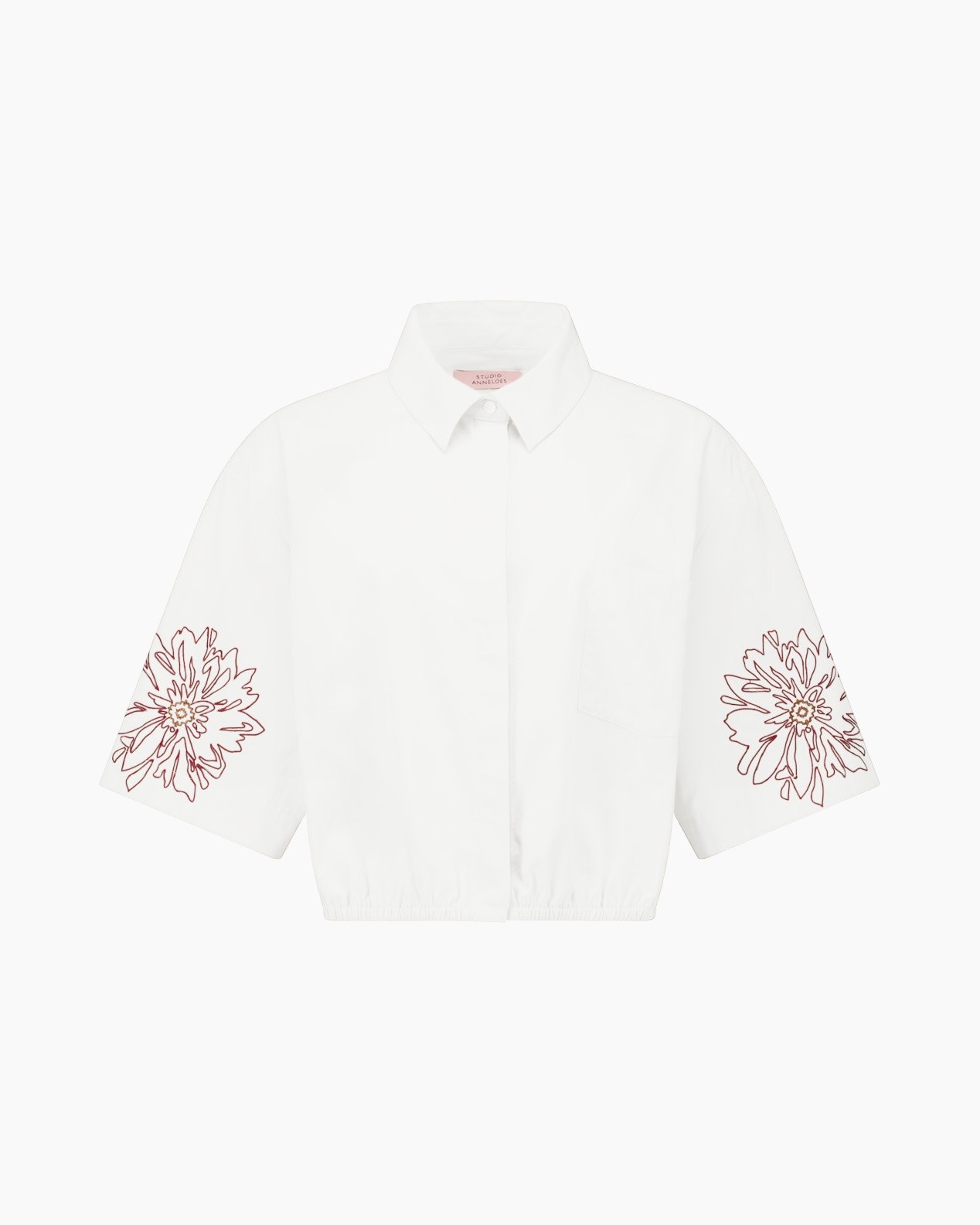 shirt, white, short sleeve, collared, embroidery floral