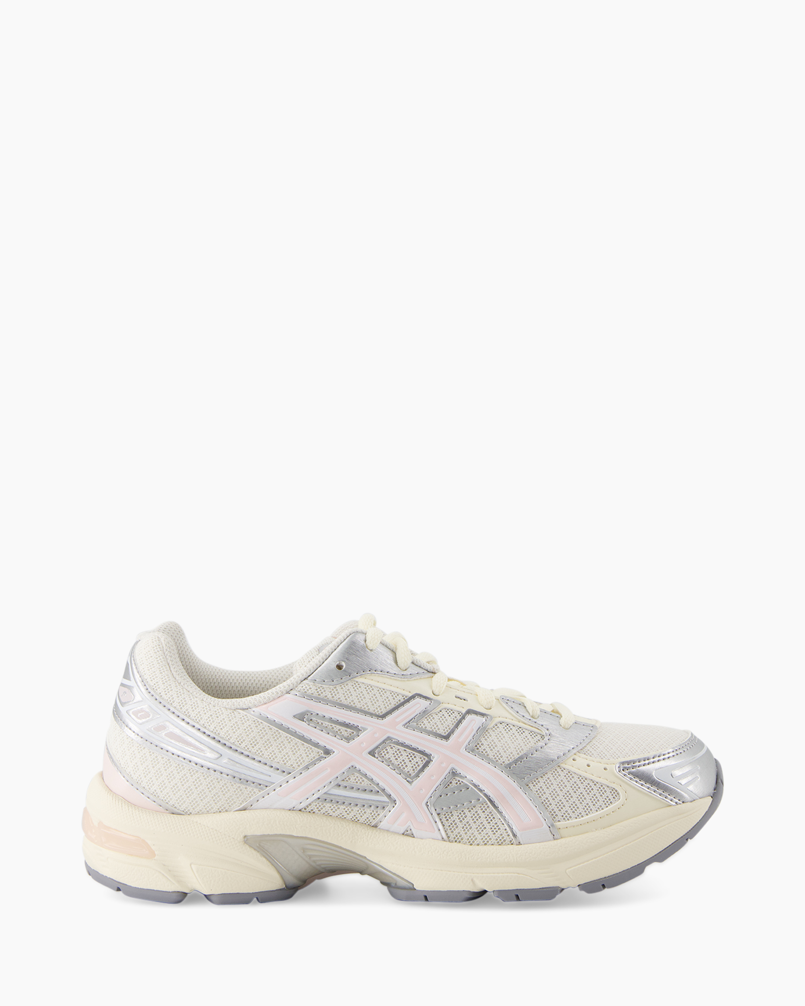 running shoe, sneaker, mesh, light gray, creamy beige