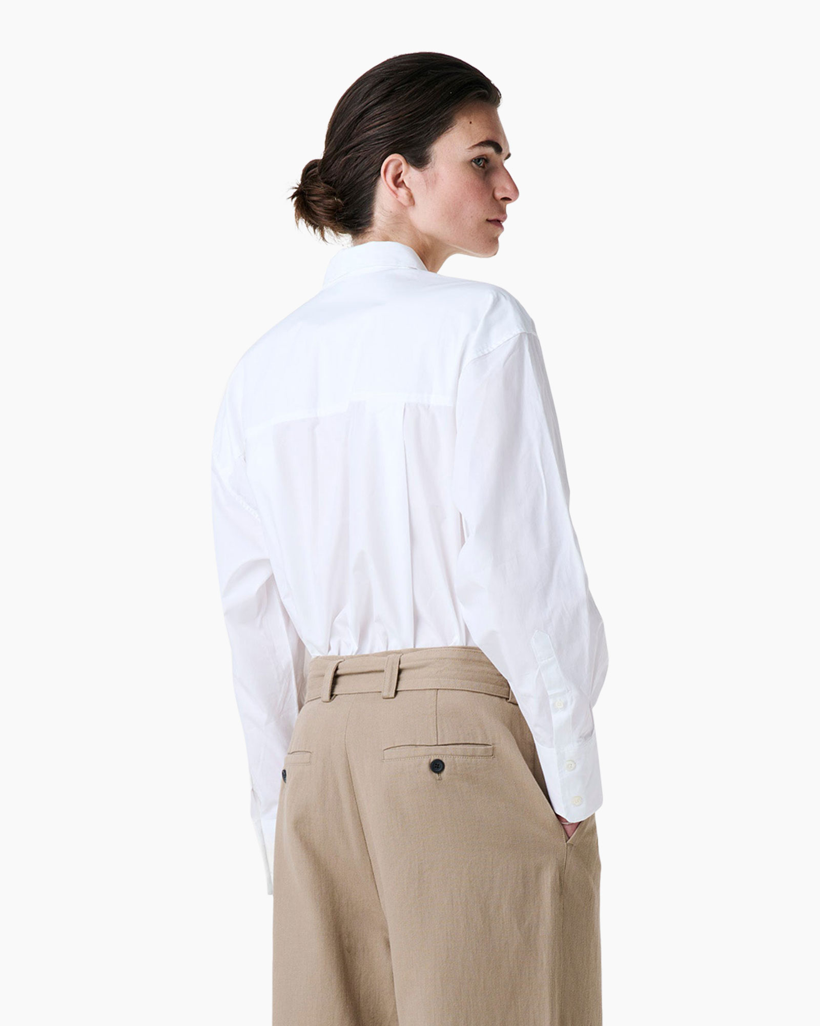 white shirt, button-down, collar, long sleeves, khaki pants