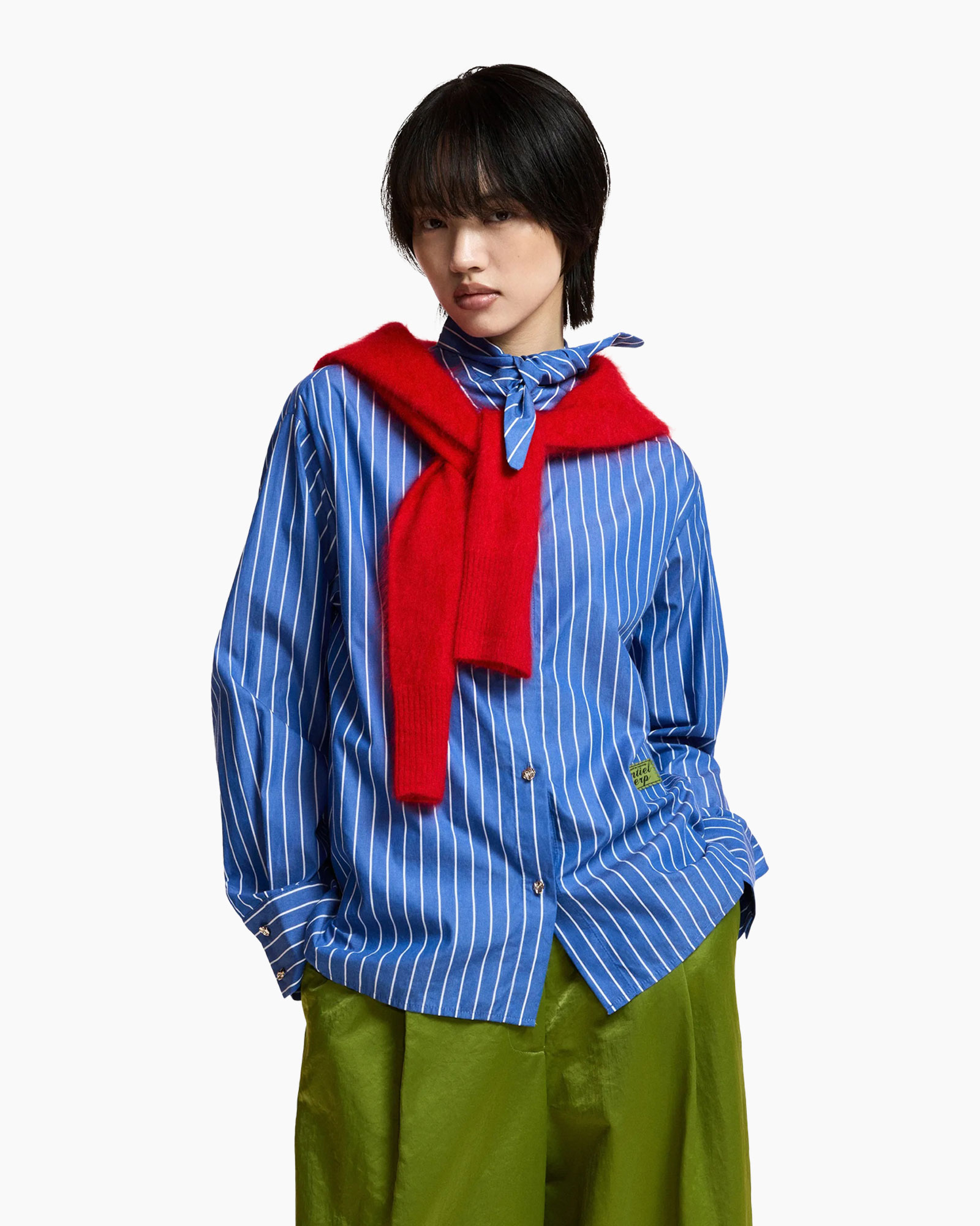 blue striped shirt, long sleeves, red scarf, green pants, casual outfit