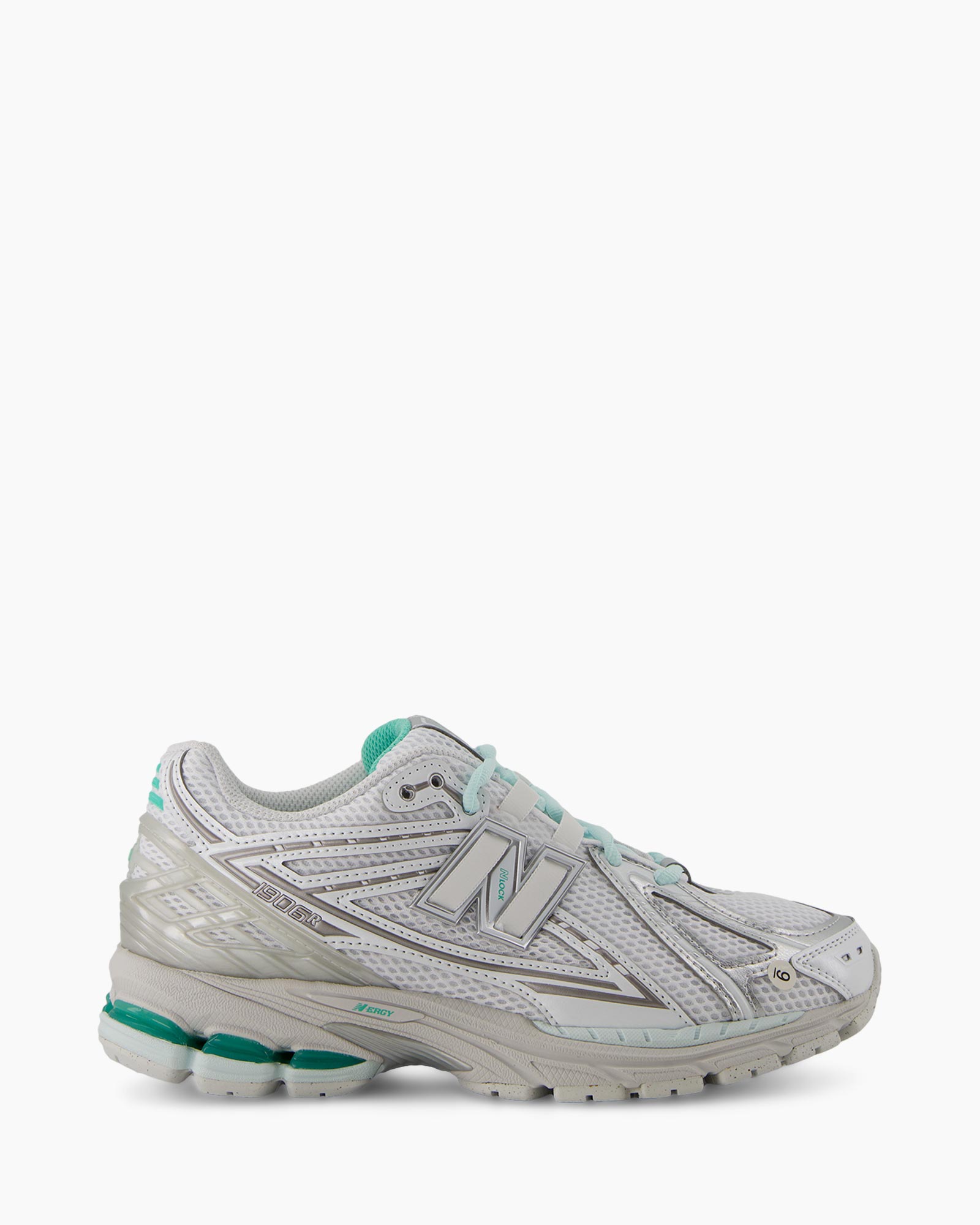running shoe, white, mesh, trailed sole, light blue green accents