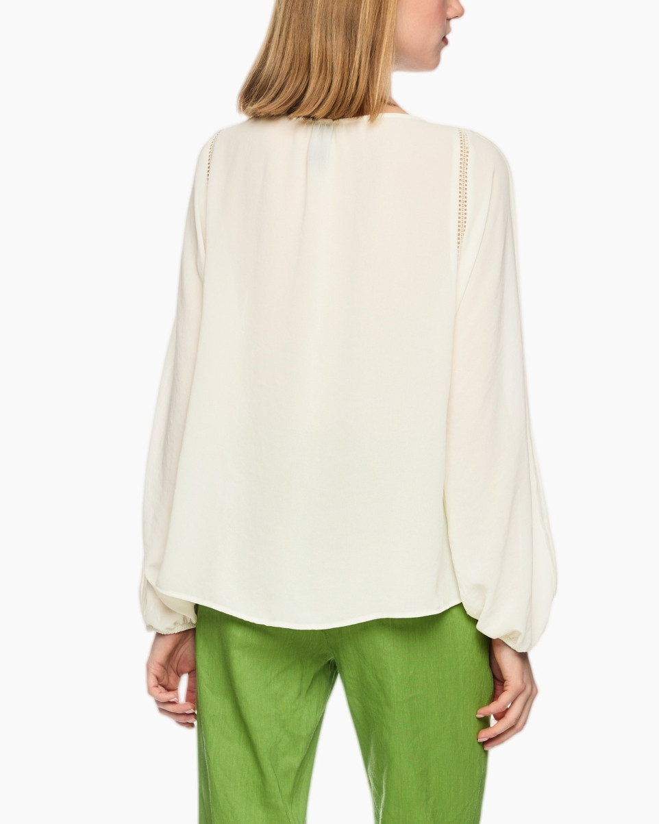blouse, cream top, long sleeves, eyelet details, plaid not, embroidery, soft fabric, light sweater