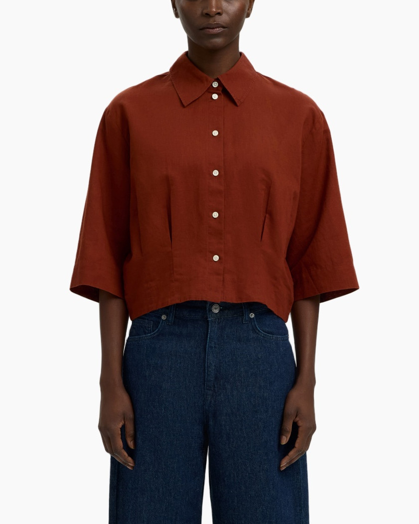 shirt, linen, collared, button-down, rust