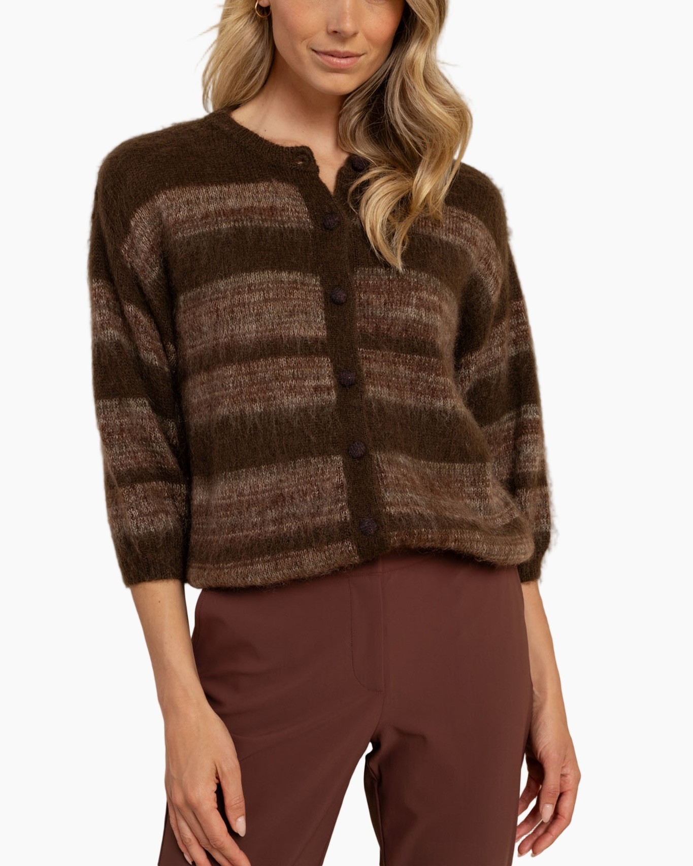 cardigan, striped, brown, knit, buttons