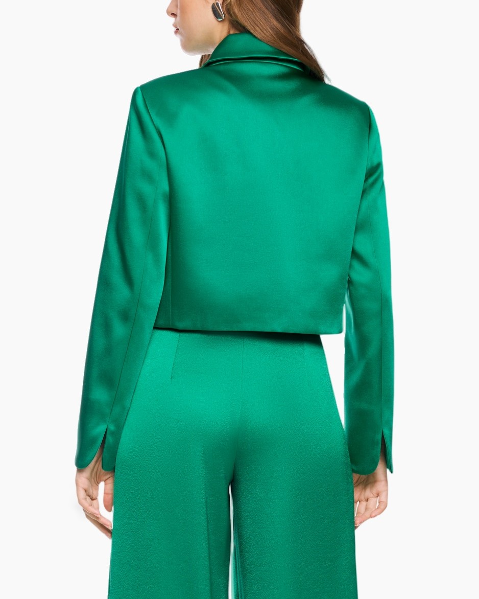 green, jumpsuit, satiny, collar, buttoned