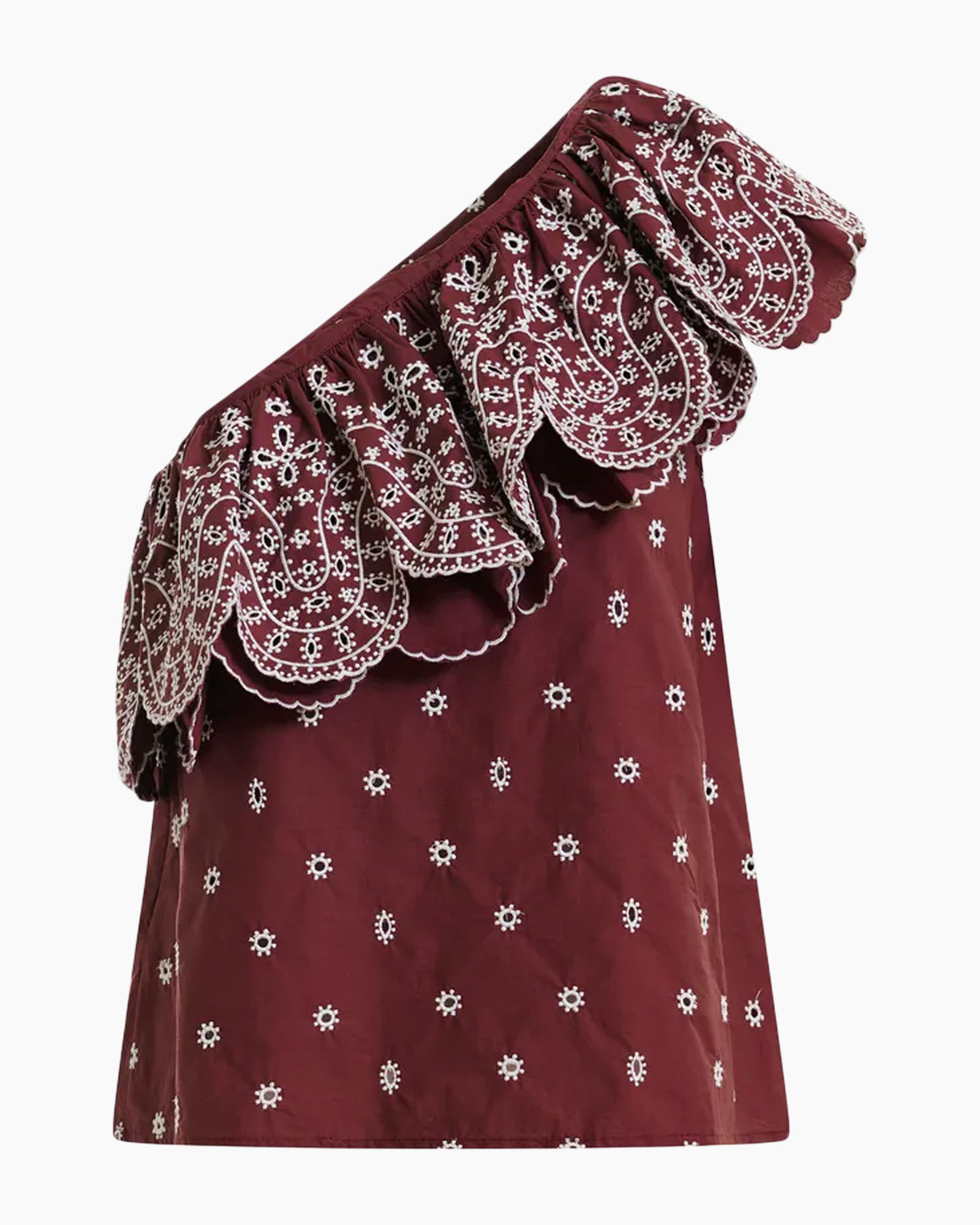 off-shoulder, blouse, maroon, embroidery, lace-trim