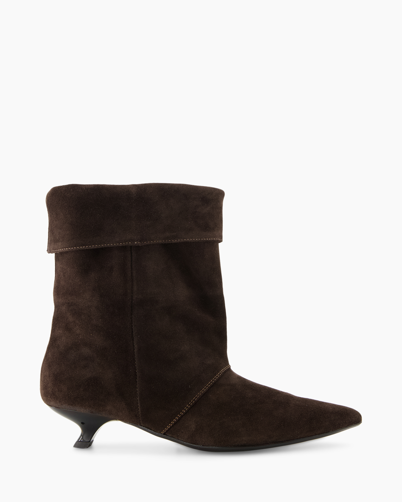 ankle boot, suede, brown, mid heel, foldover cuff
