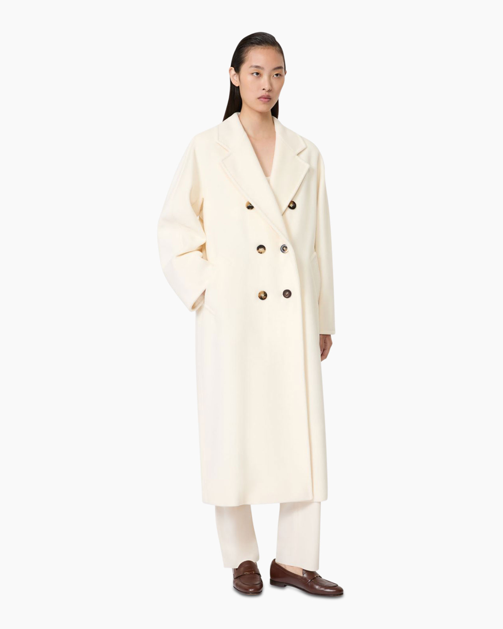 coat, double-breasted, long, cream, loafers