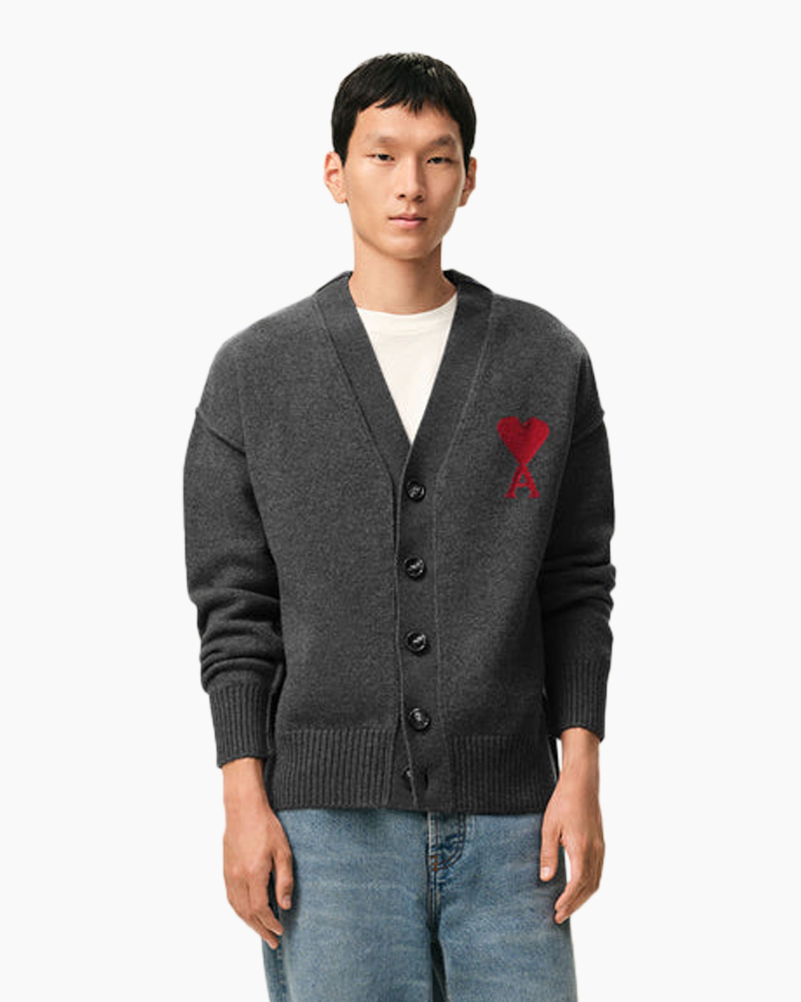 cardigan, dark gray, heart patch, button front, long sleeve cardigan