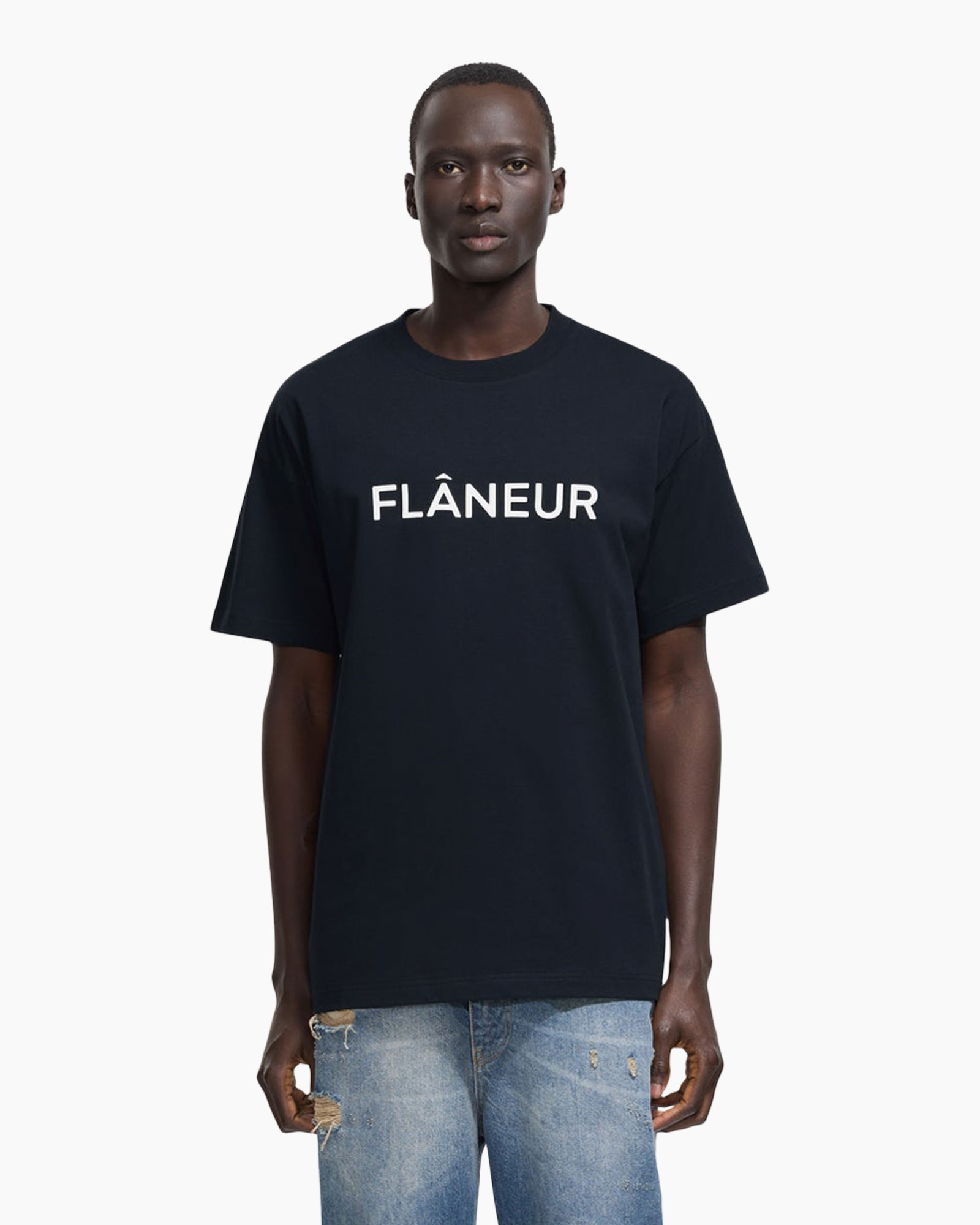 t-shirt, navy, short sleeve, graphic text, distressed jeans