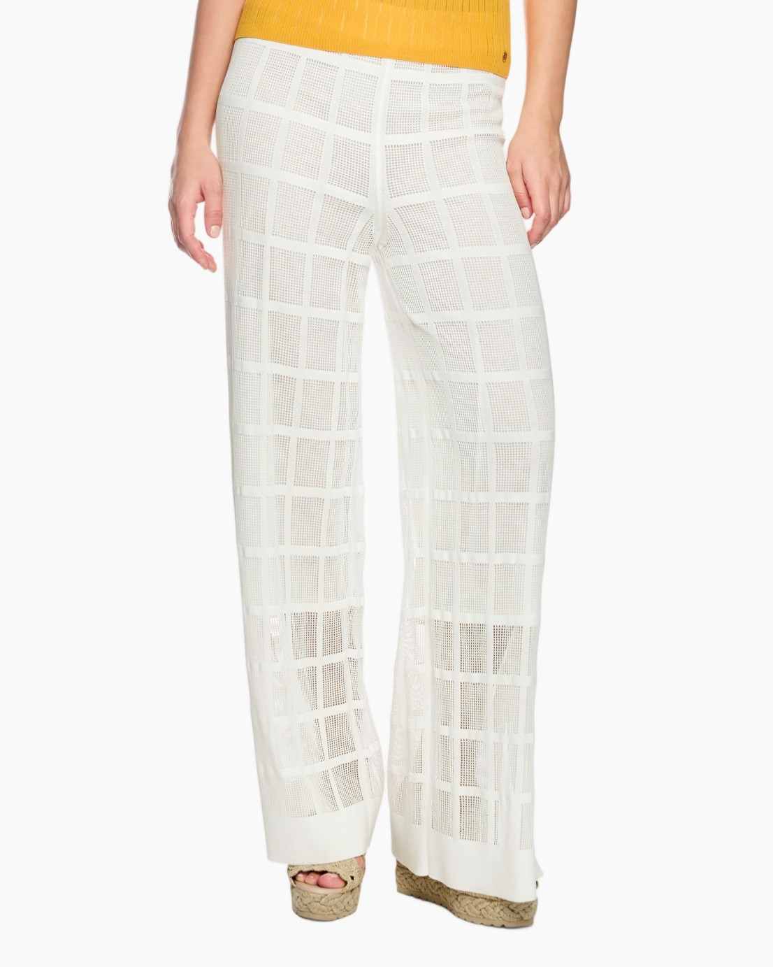 white pants, grid pattern, palazzo pants, open knit, wide leg