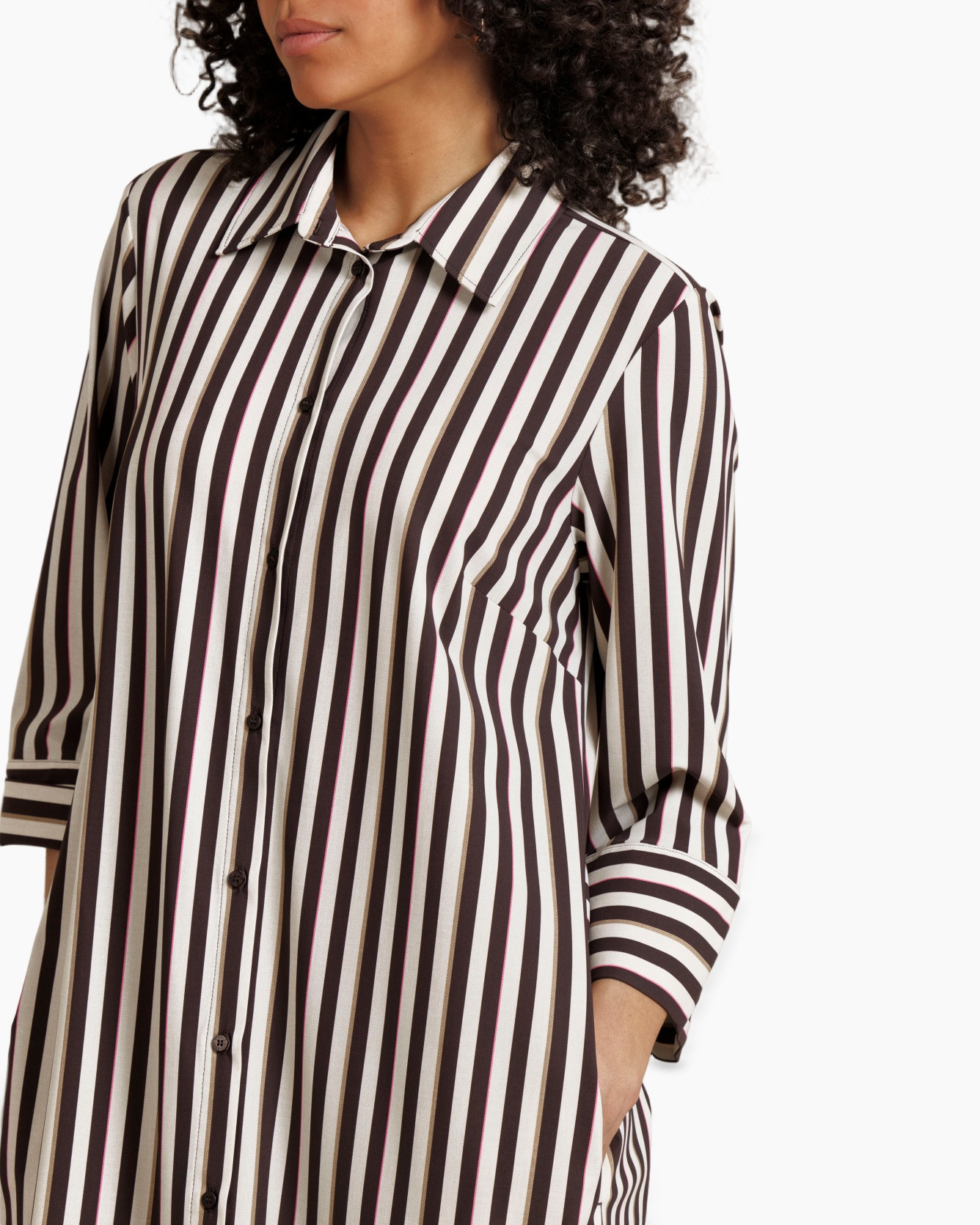 striped dress, button-down, long dress, slit detail, midi length