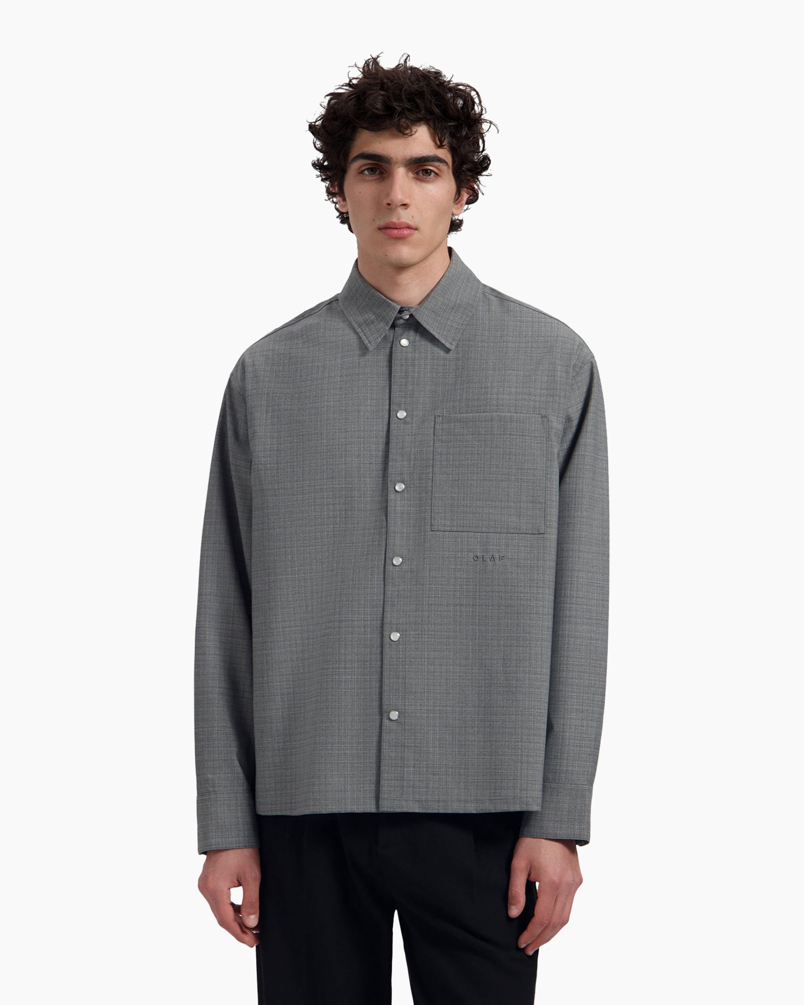 shirt, button-down, long-sleeve, gray, pocket