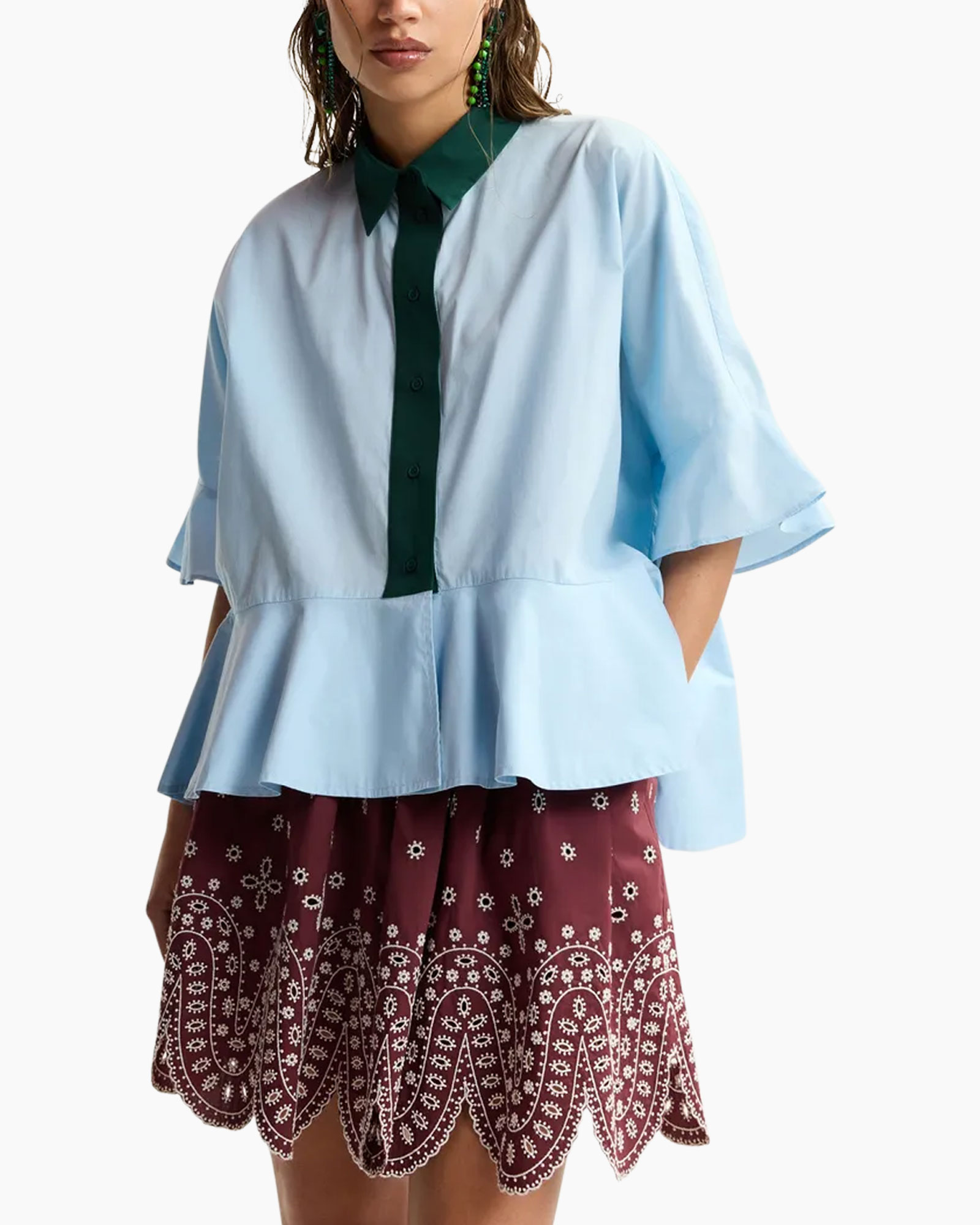 top, blouse, peplum, light blue, green placket