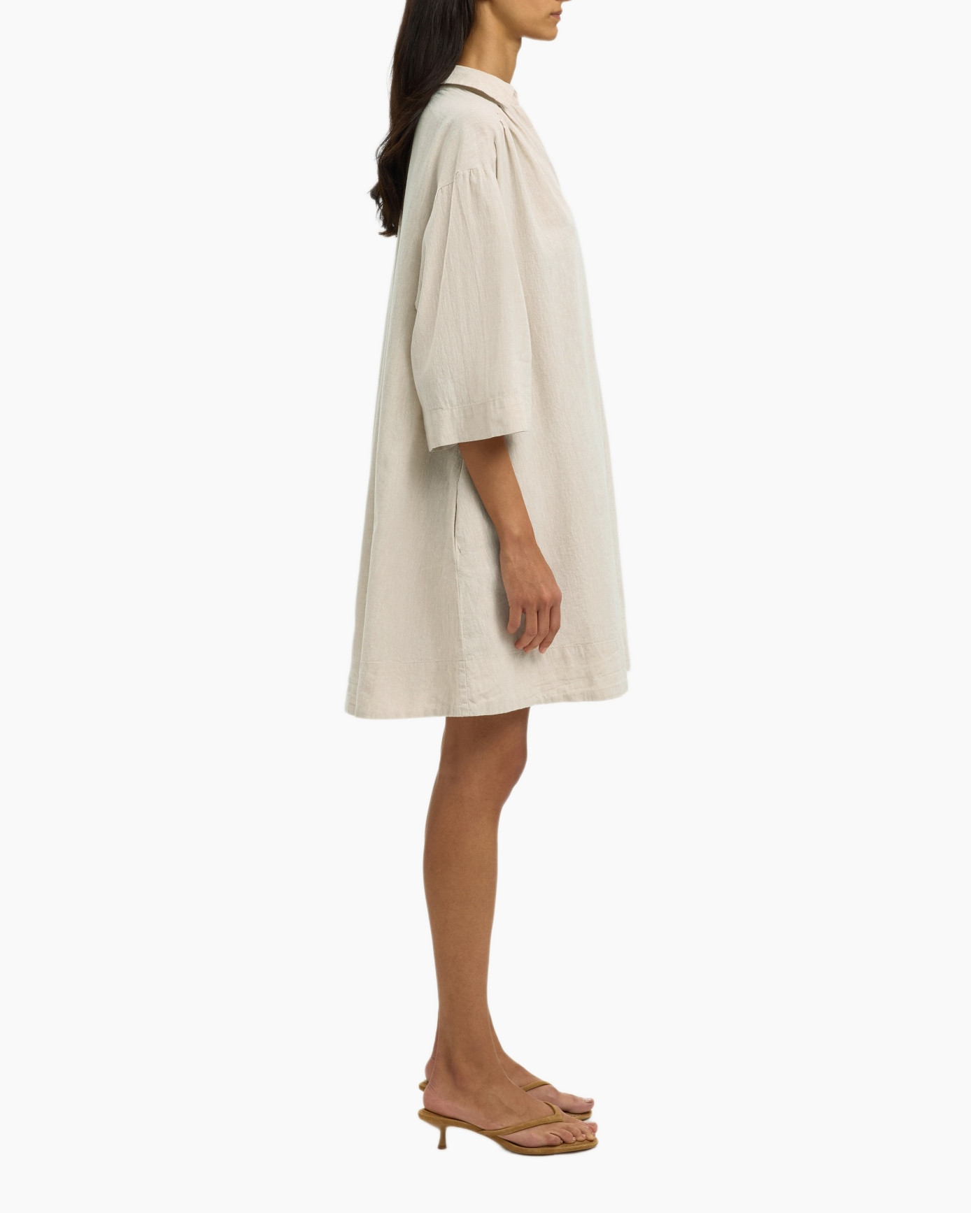 beige, linen, shift dress, knee-length, three-quarter sleeves