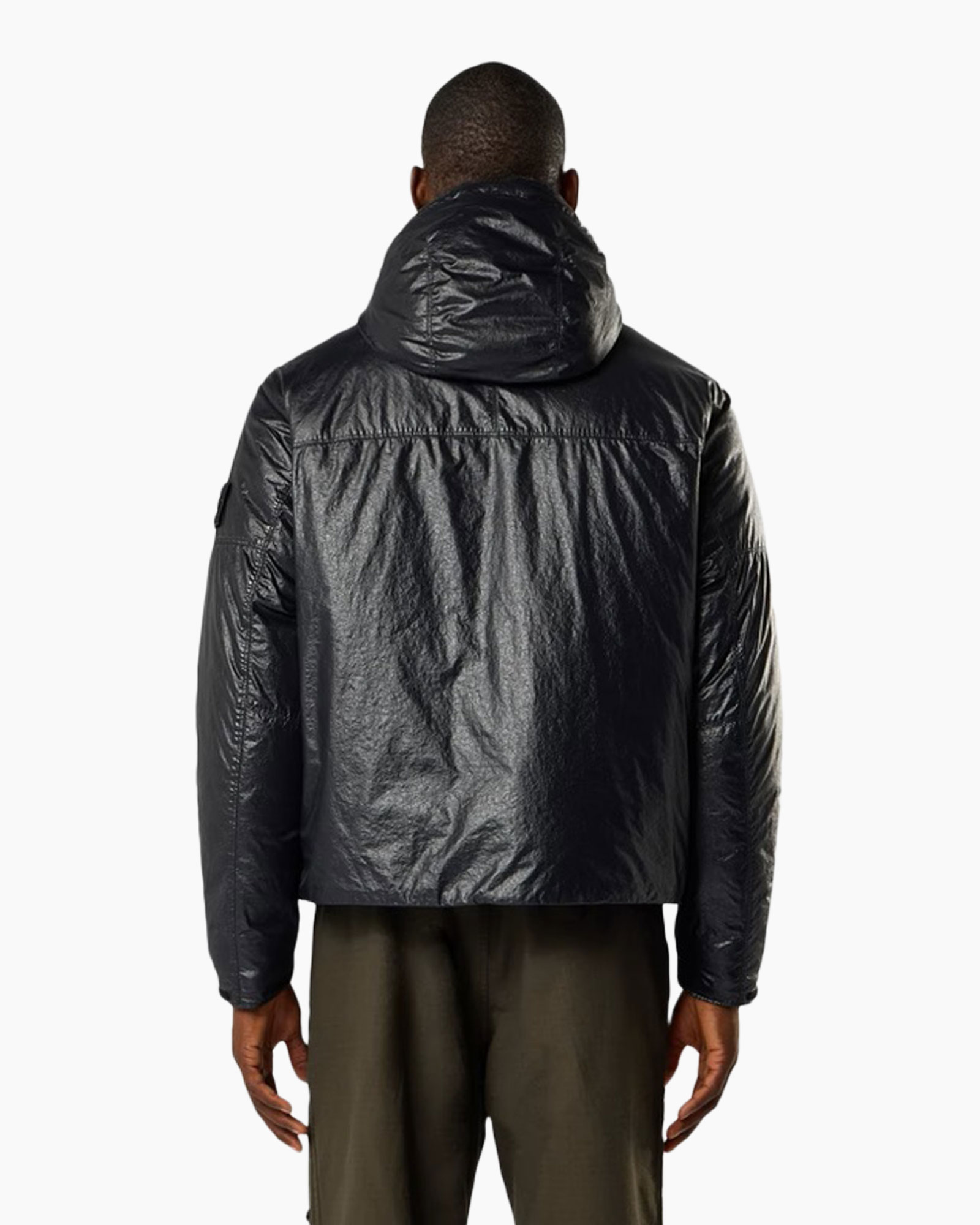 puffer jacket, hooded, metallic sheen, long sleeves, dark gray