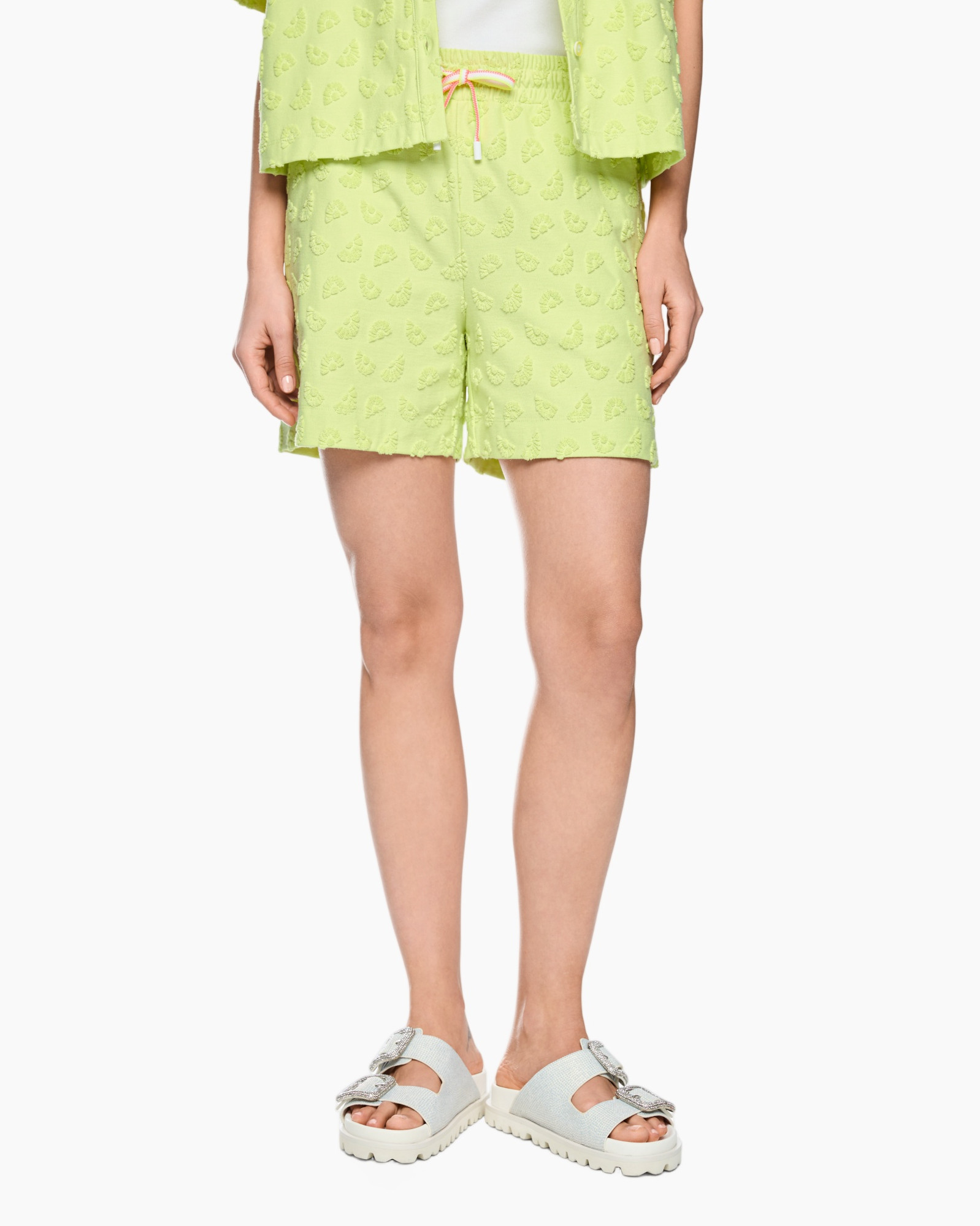 shorts, lime-green, embroidery, drawstring, sandals