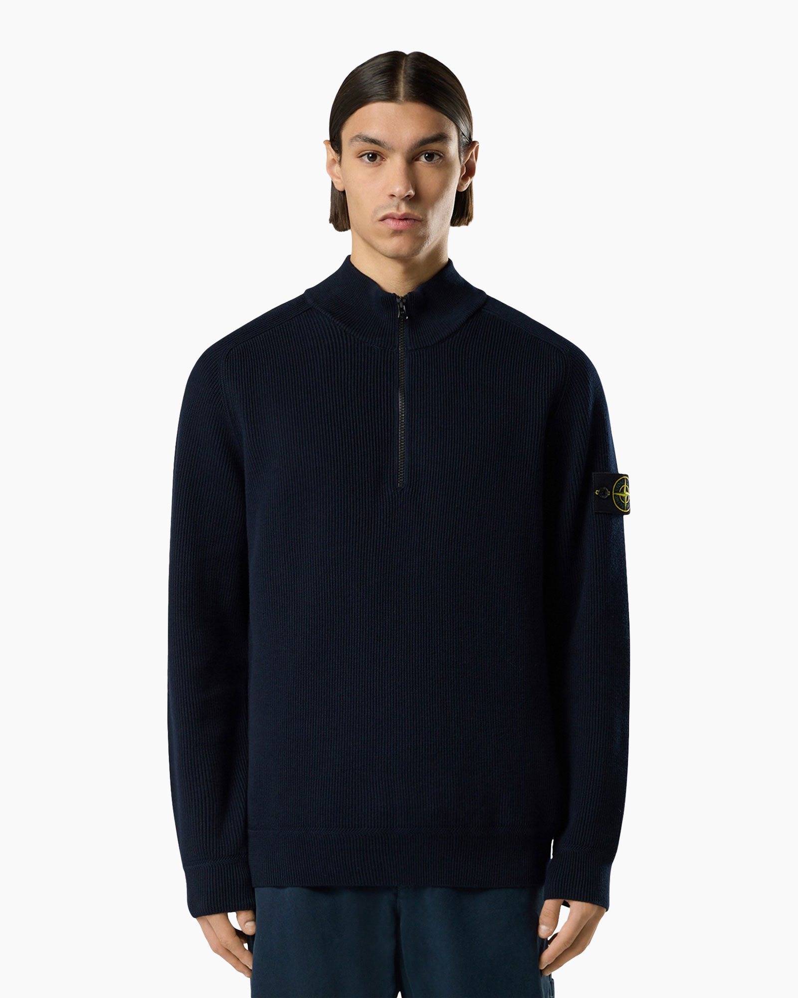 knit, sweater, navy, half-zip, ribbed