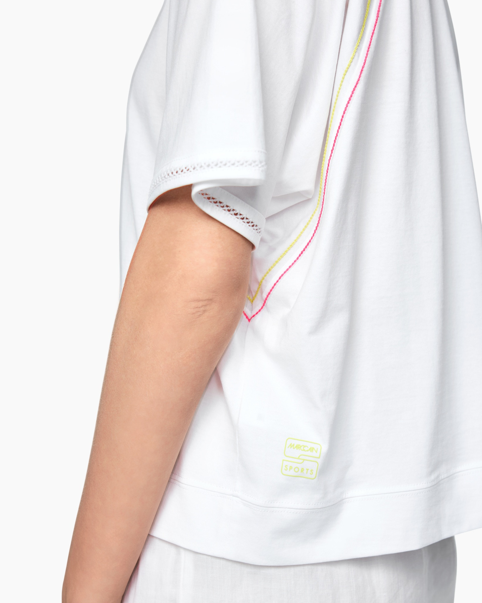 t-shirt, short sleeve, white, stitch detail, logo patch