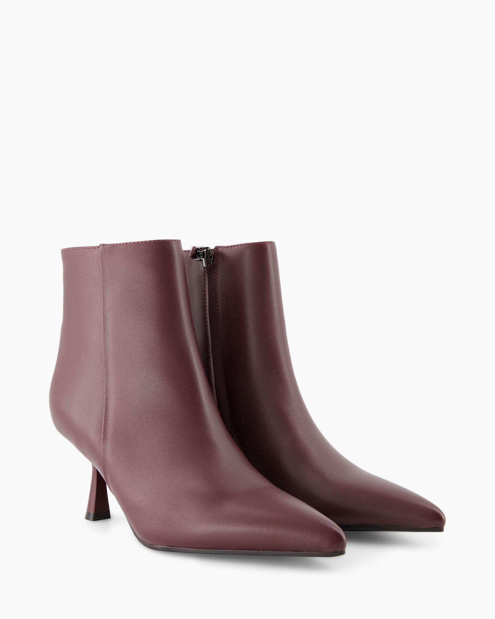 ankle boot, bootie, burgundy, leather, zip closure