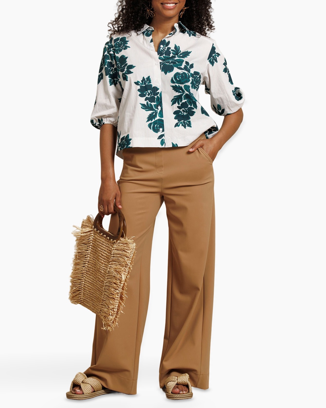 blouse, floral print, three-quarter sleeves, collared shirt, linen blend