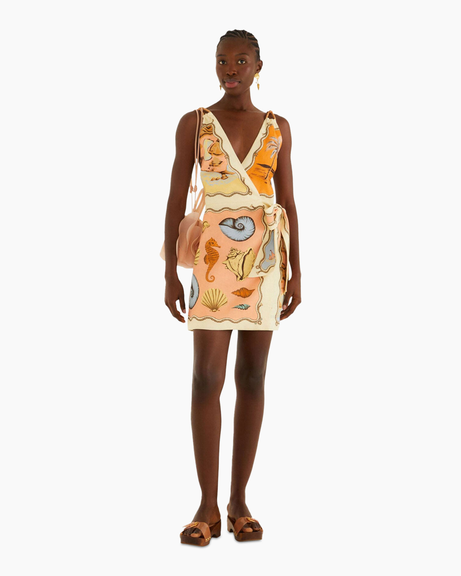 dress, wrap dress, print, sandals, sunny pattern