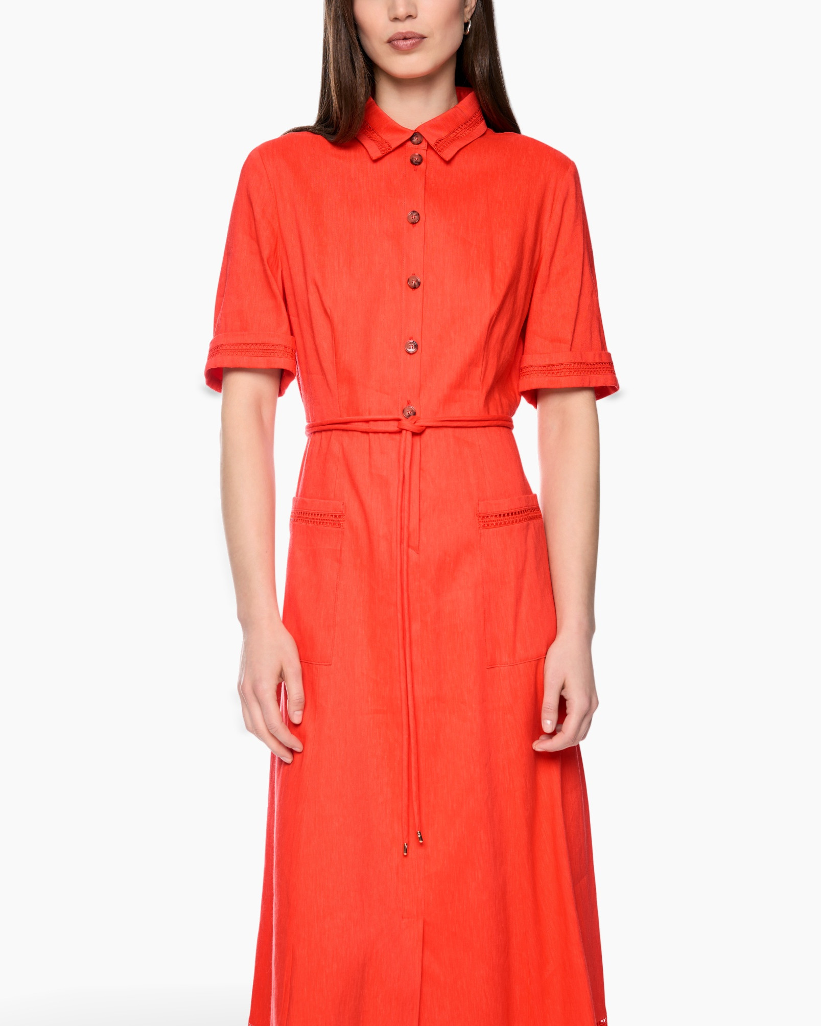 dress, shirt dress, mid-length, belted, red