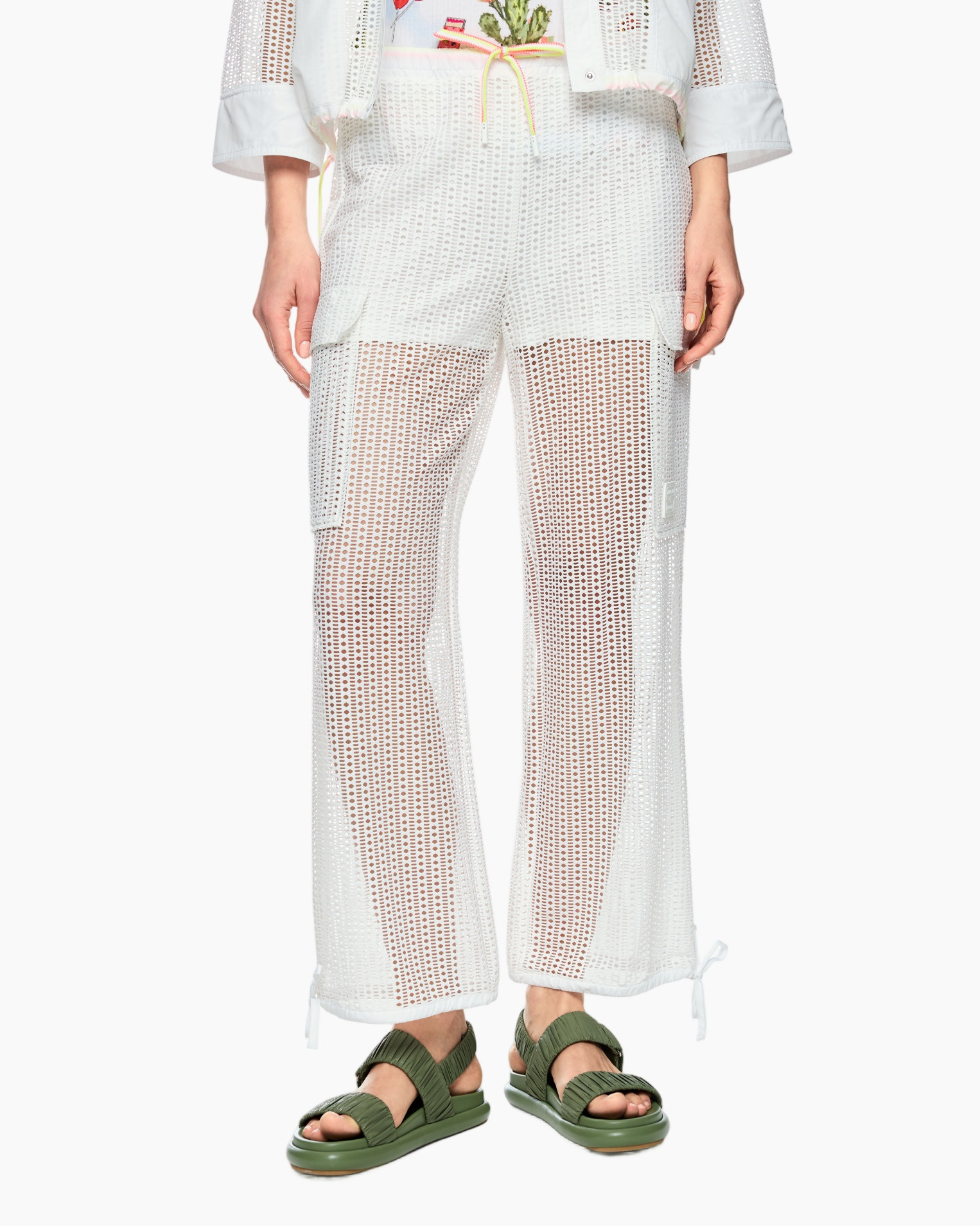 white crochet pants, mesh pants, openwork pants, drawstring waist, green sandals