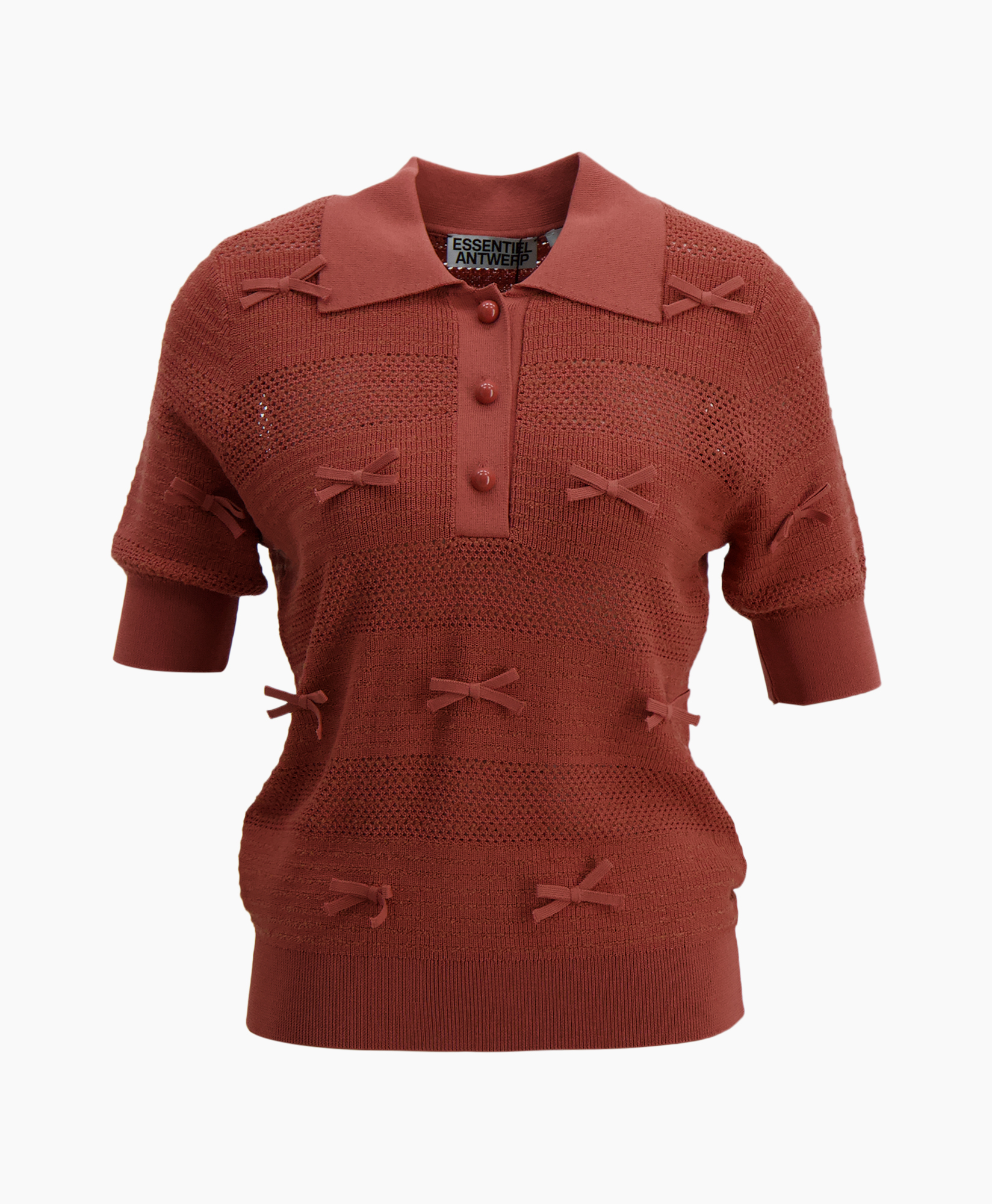 pullover, knit, short sleeve, collar, bow details