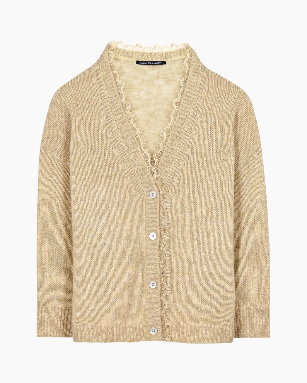 cardigan, beige, knit, buttons, lace-trim