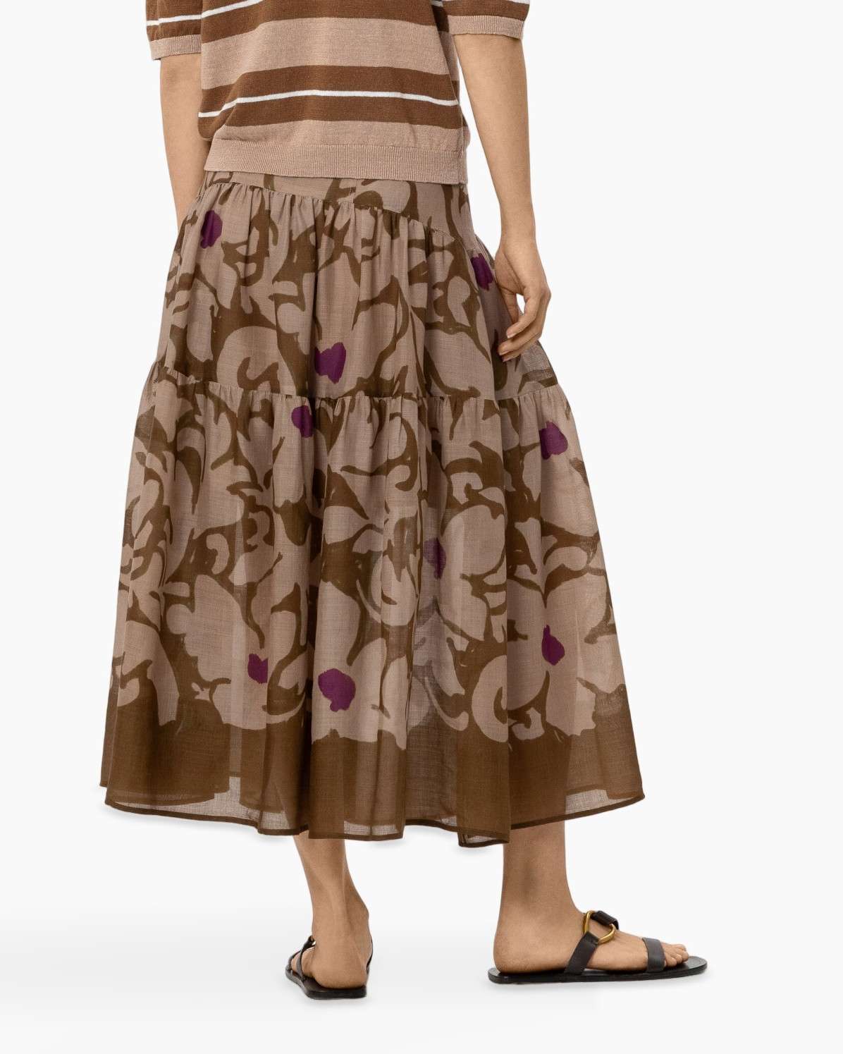 skirt, maxi skirt, abstract print, braid? no, camouflage pattern, brown color, floral spots, sandals? not product