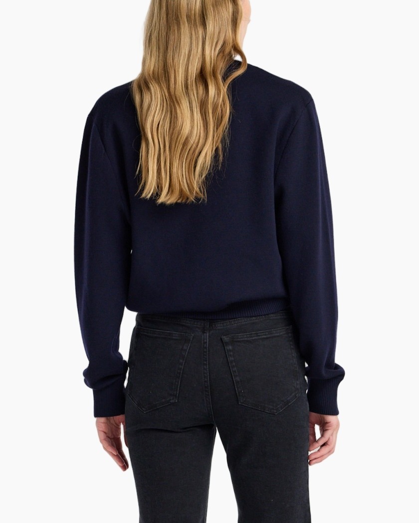 navy sweater, v-neck, knit, long-sleeve, pullover