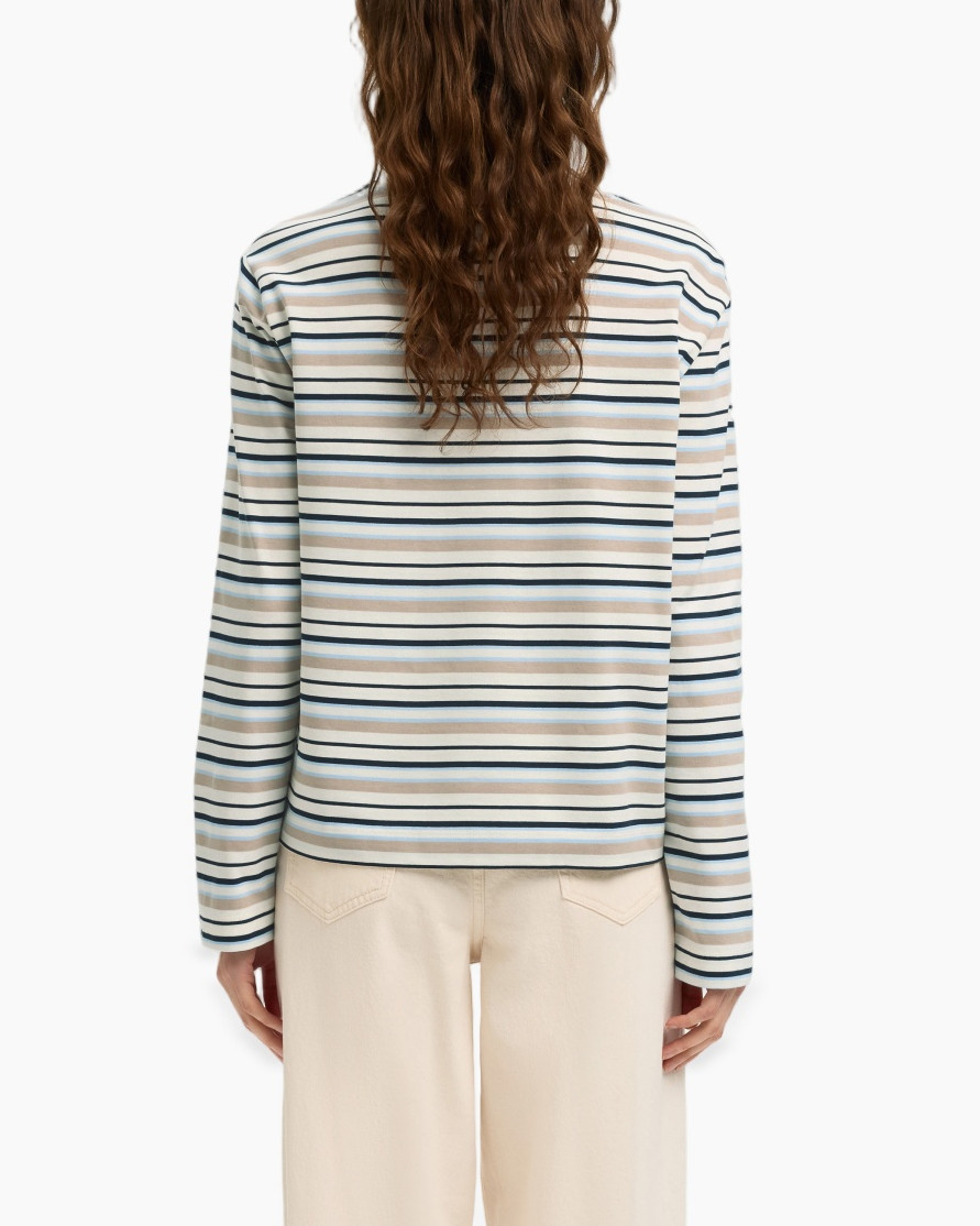 striped sweater, long sleeves, horizontal stripes, cream beige, knit top