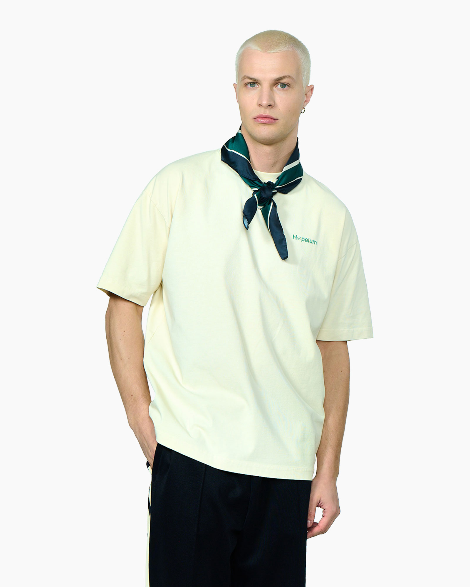 t-shirt, short sleeve, crew neck, pale yellow, scarf accessory