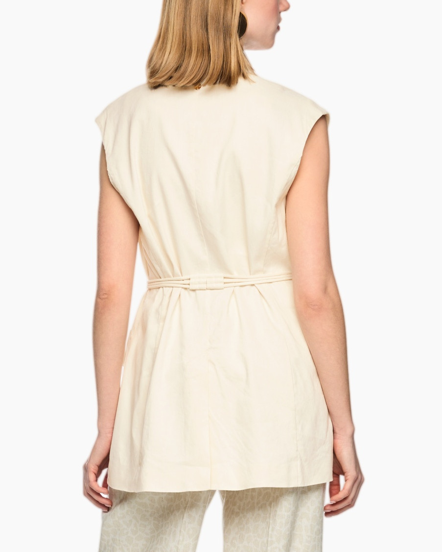 beige, vest, waist belt, pocketed, sleeveless