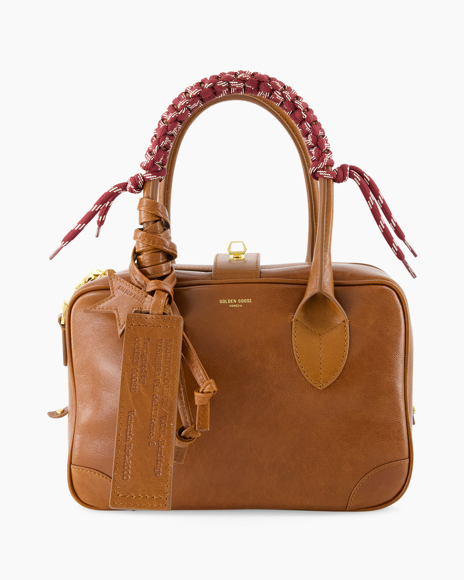 handbag, leather, brown, top-handle, woven-strap