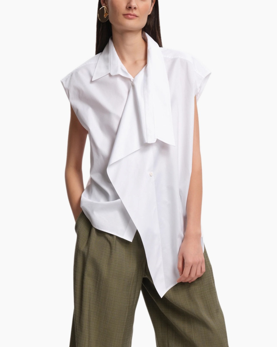 white shirt, asymmetric top, short sleeves, collar, pantsuit