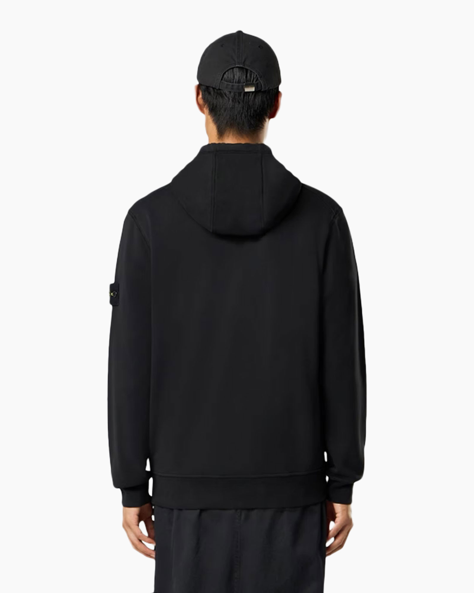 hoodie, black, cap, long-sleeve, back view